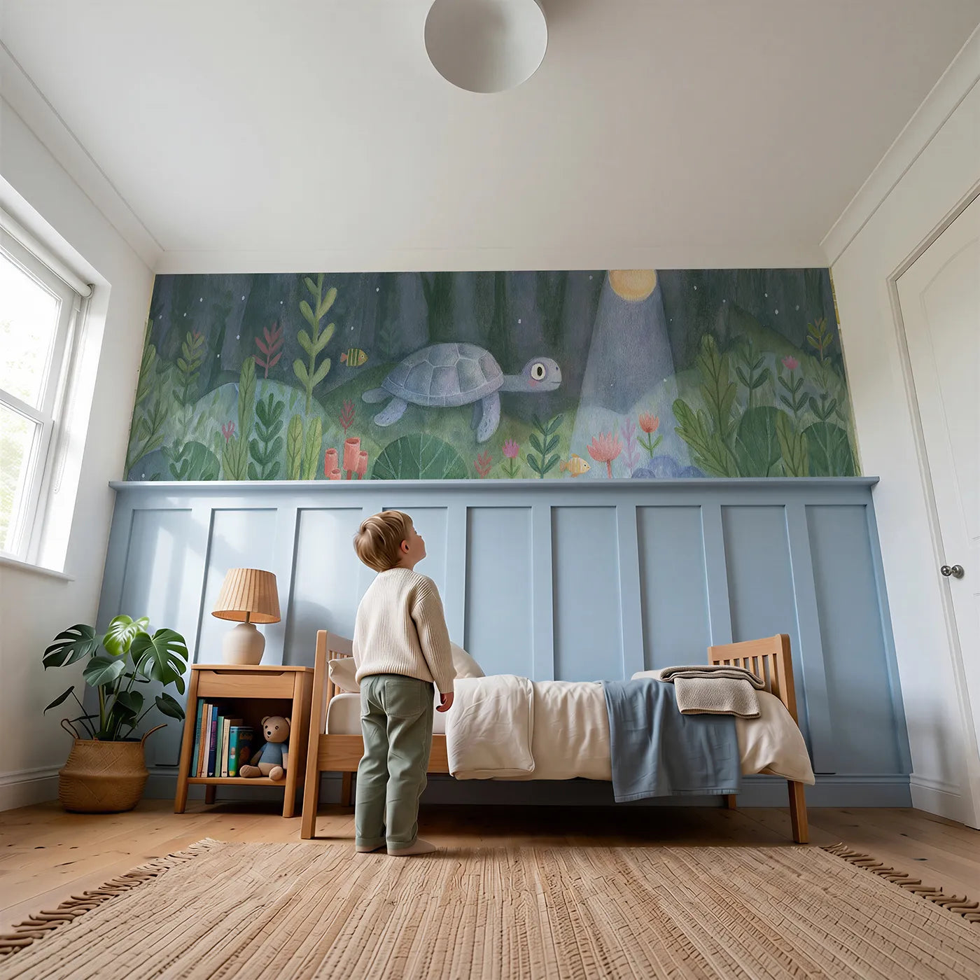 Child reading near Turtle Moon Shadow Glide Wainscoting Wallpaper by Whimsy Tots