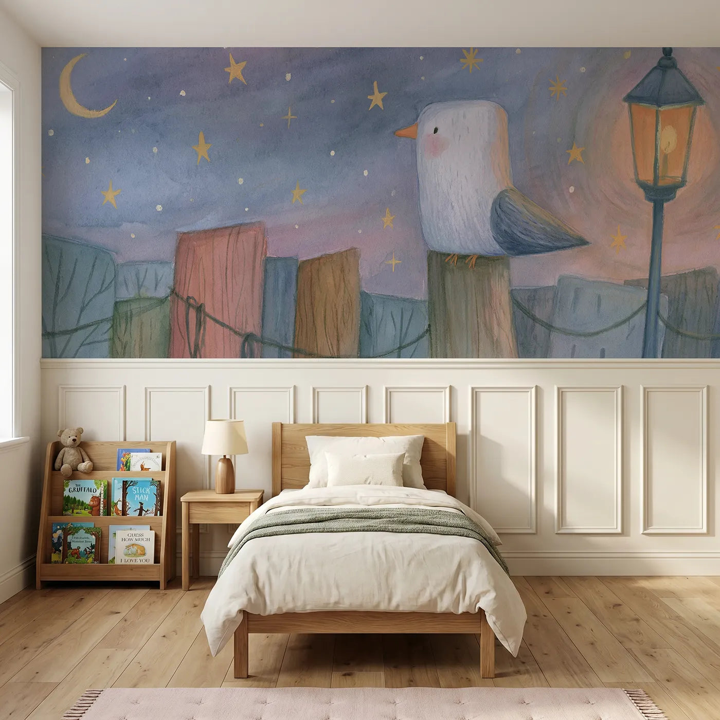 Colored pencil wainscoting wallpaper of a gull beside a harbor lamp by Whimsy Tots
