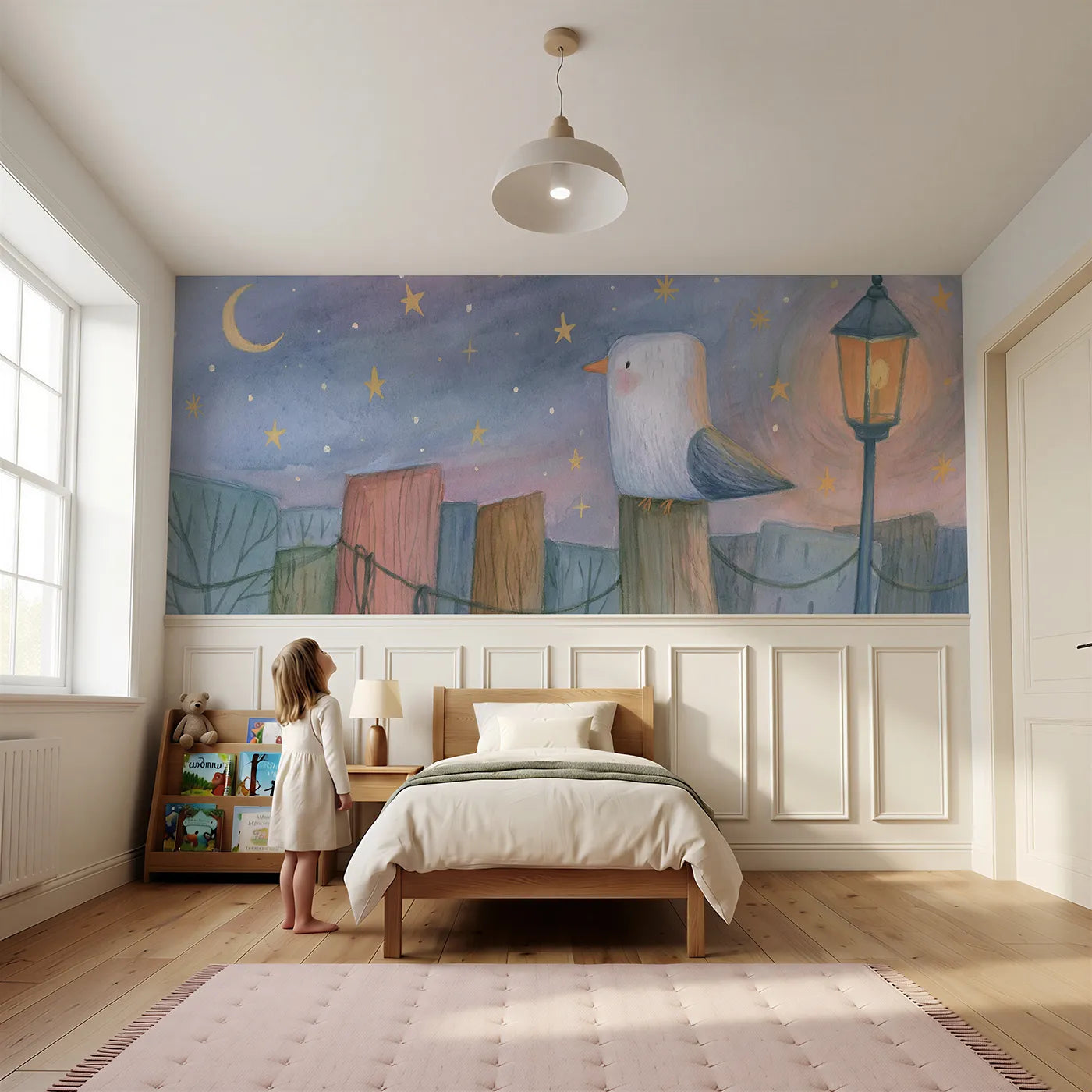 Child reading near Gull Harbor Lamp Evening Wainscoting Wallpaper by Whimsy Tots