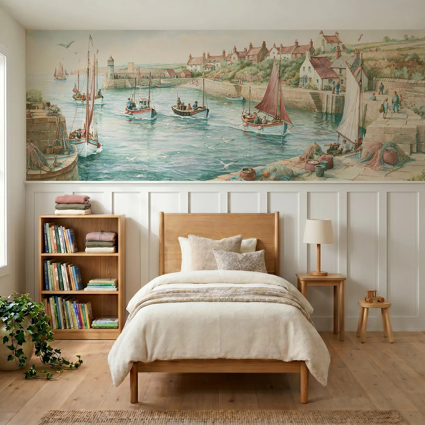 Storybook wainscoting wallpaper of a little fishing fleet setting out by Whimsy Tots