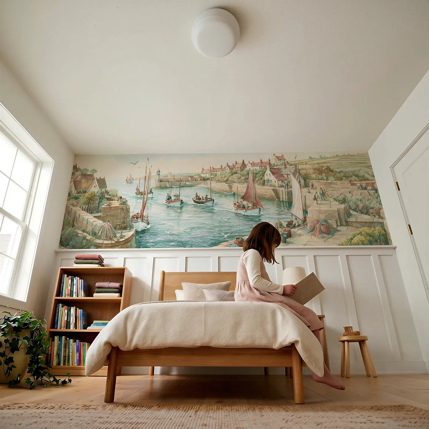 Child reading near Little Fishing Fleet Wainscoting Wallpaper by Whimsy Tots