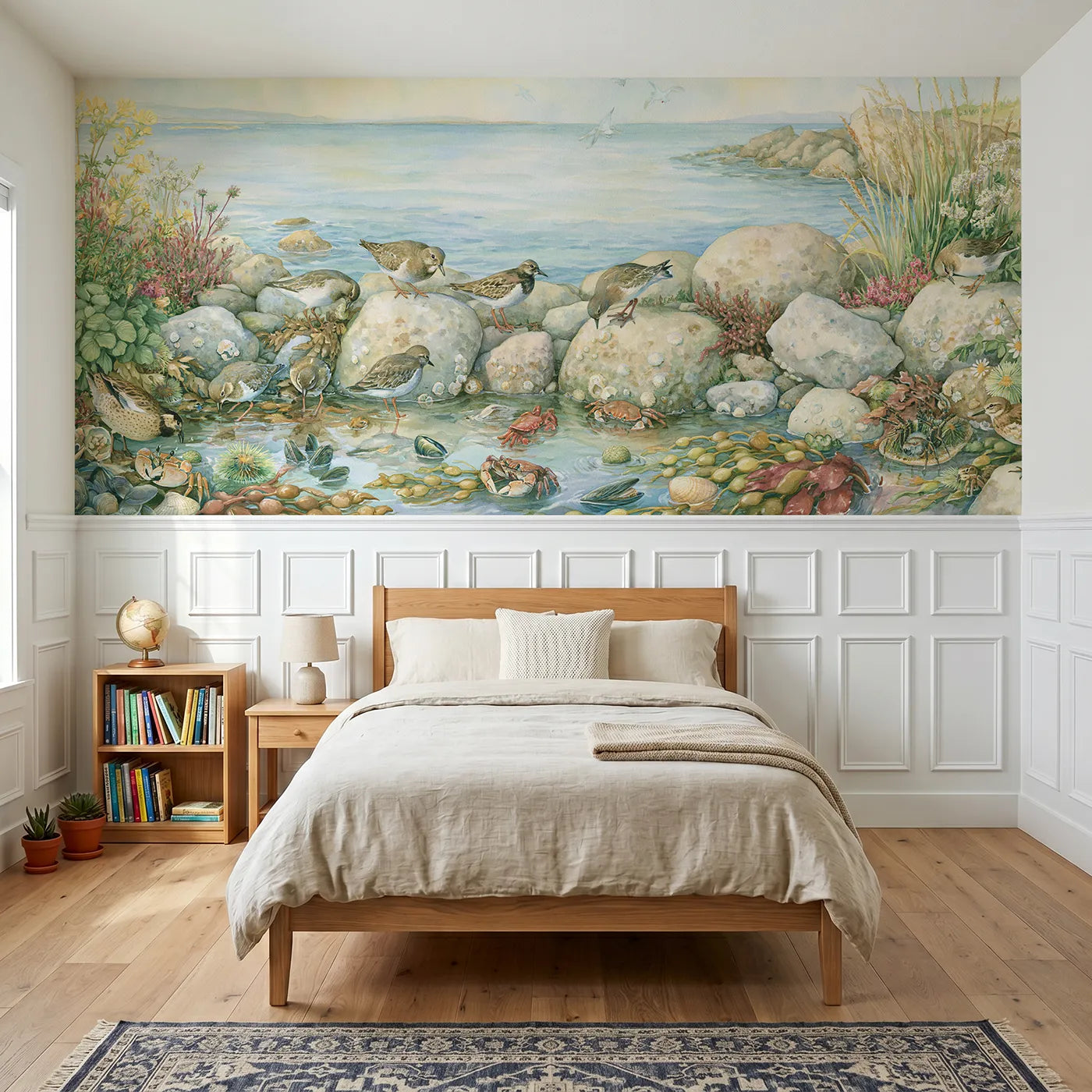 Storybook wainscoting wallpaper of a lively rocky shore at low tide by Whimsy Tots