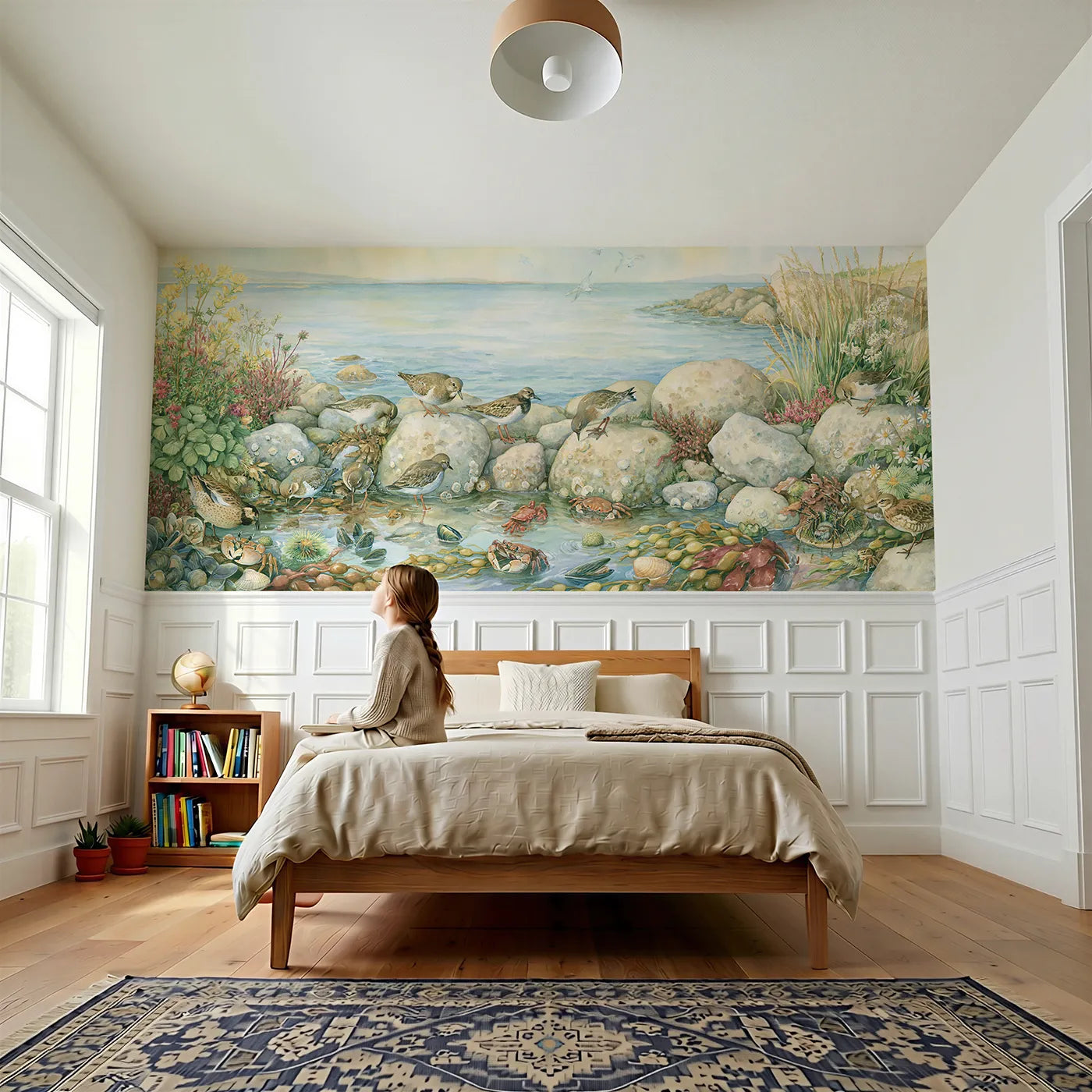 Child reading near Rocky Shore Tide Life Wainscoting Wallpaper by Whimsy Tots