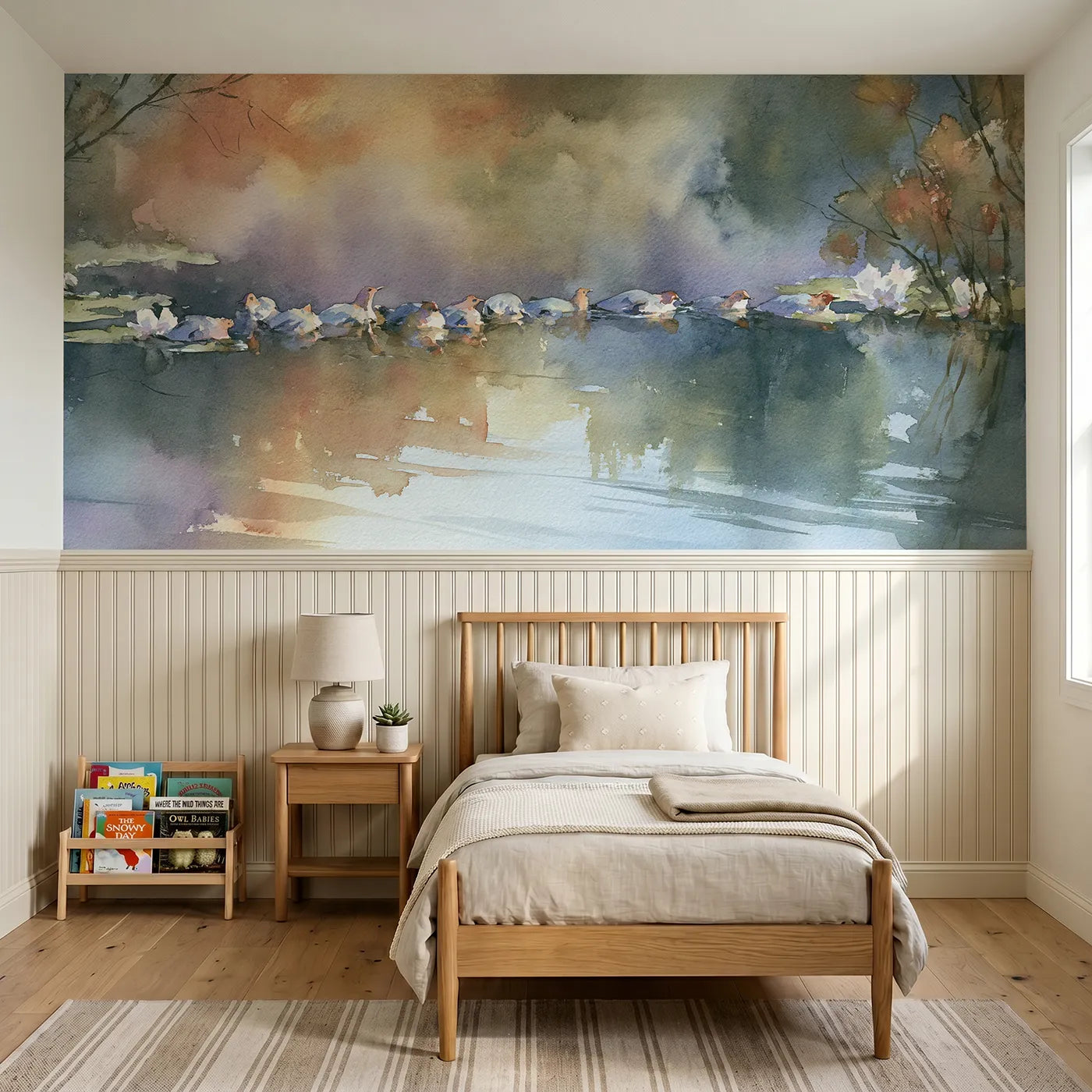 Watercolor wainscoting mural of dolphins under a glassy dusk sea by Whimsy Tots