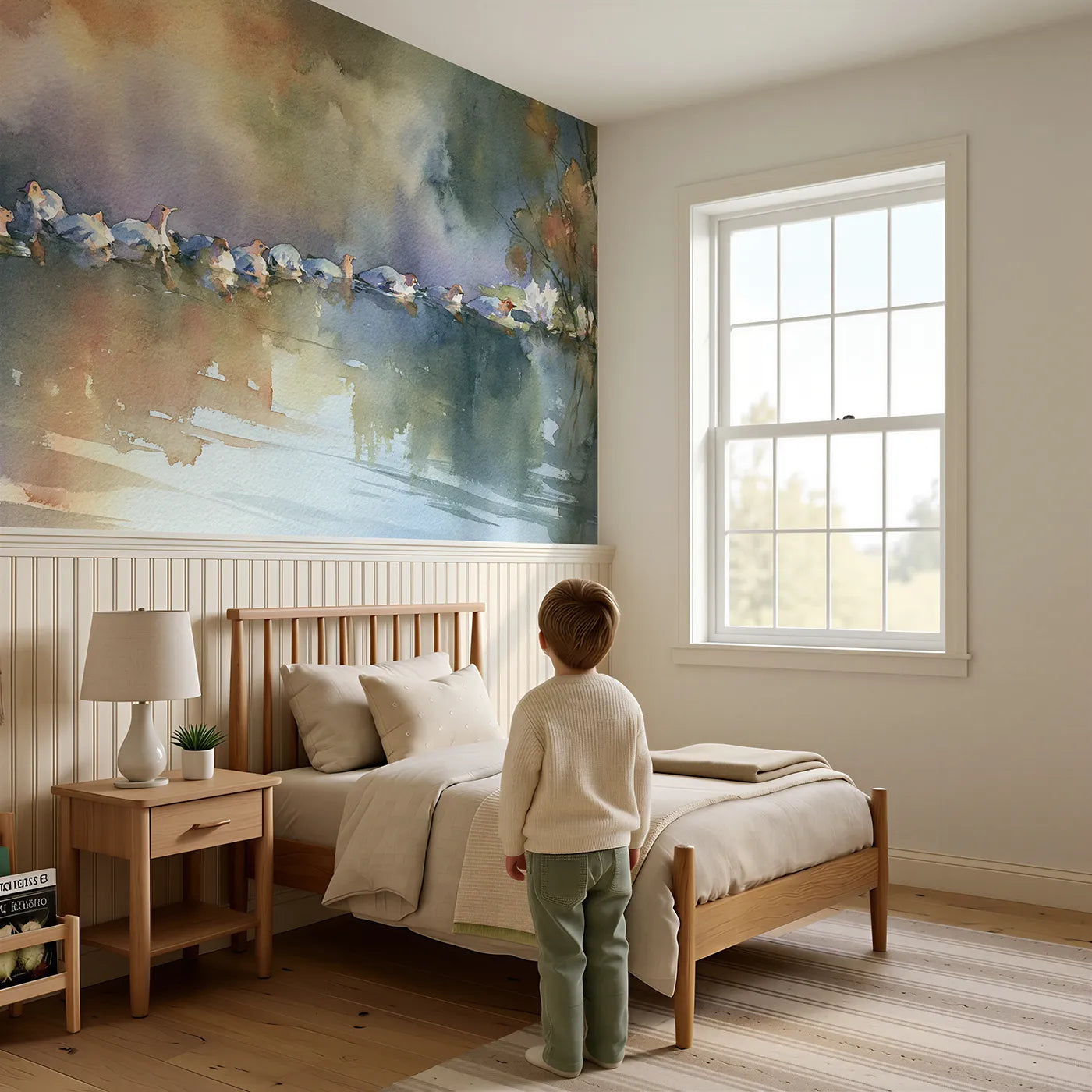 Child reading near Dolphin Evening Glass Sea Wainscoting Wallpaper by Whimsy Tots