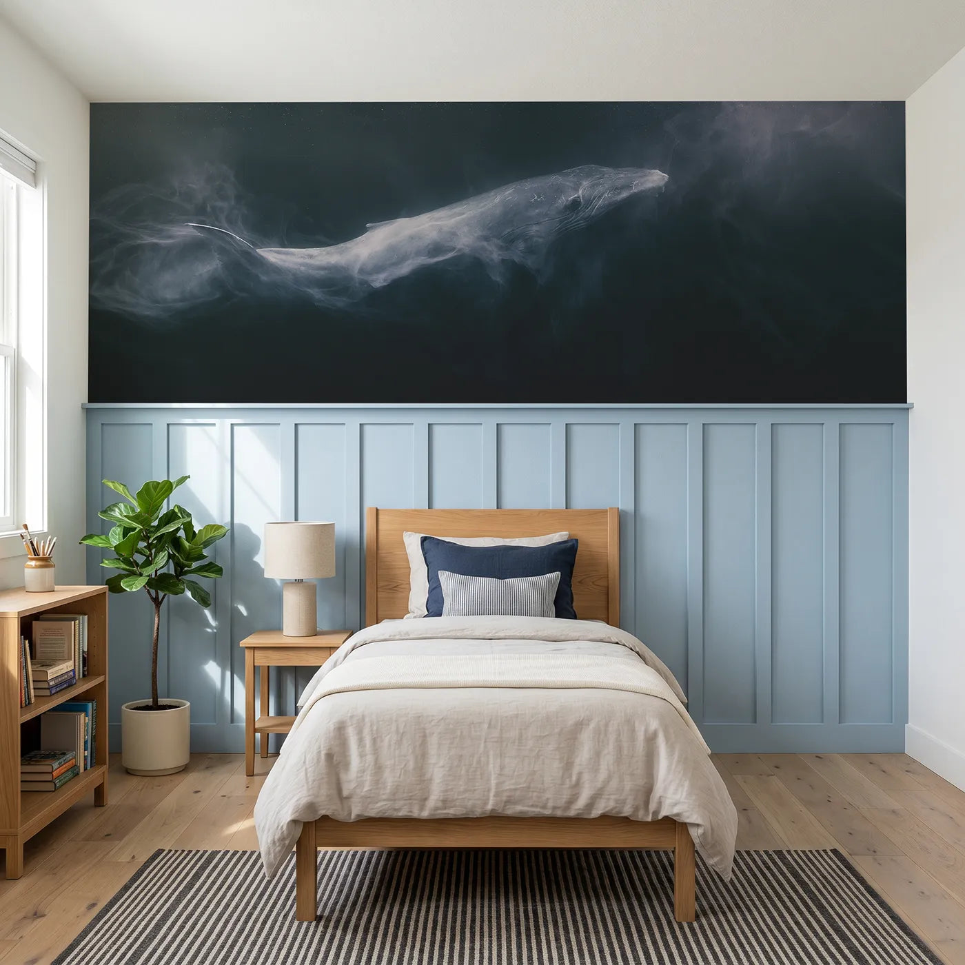 Watercolor wainscoting wallpaper of a whale sleeping upright in the deep by Whimsy Tots