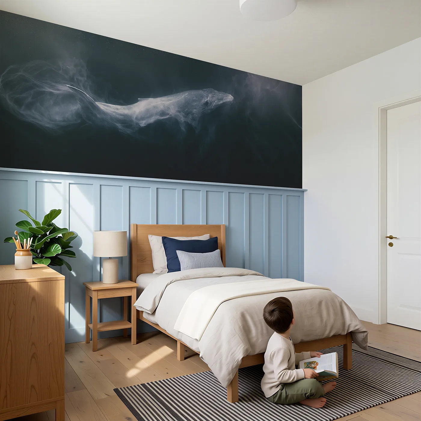 Child reading near Whale Sleeping Standing Water Wainscoting Wallpaper by Whimsy Tots