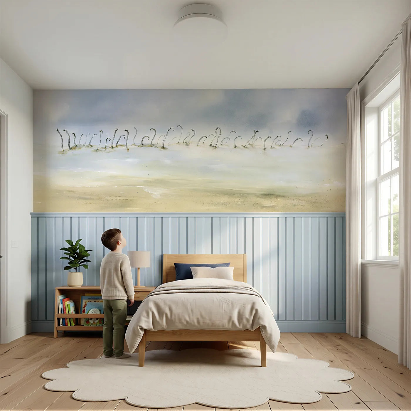 Child reading near Garden Eels Morning Sway Wainscoting Wallpaper by Whimsy Tots