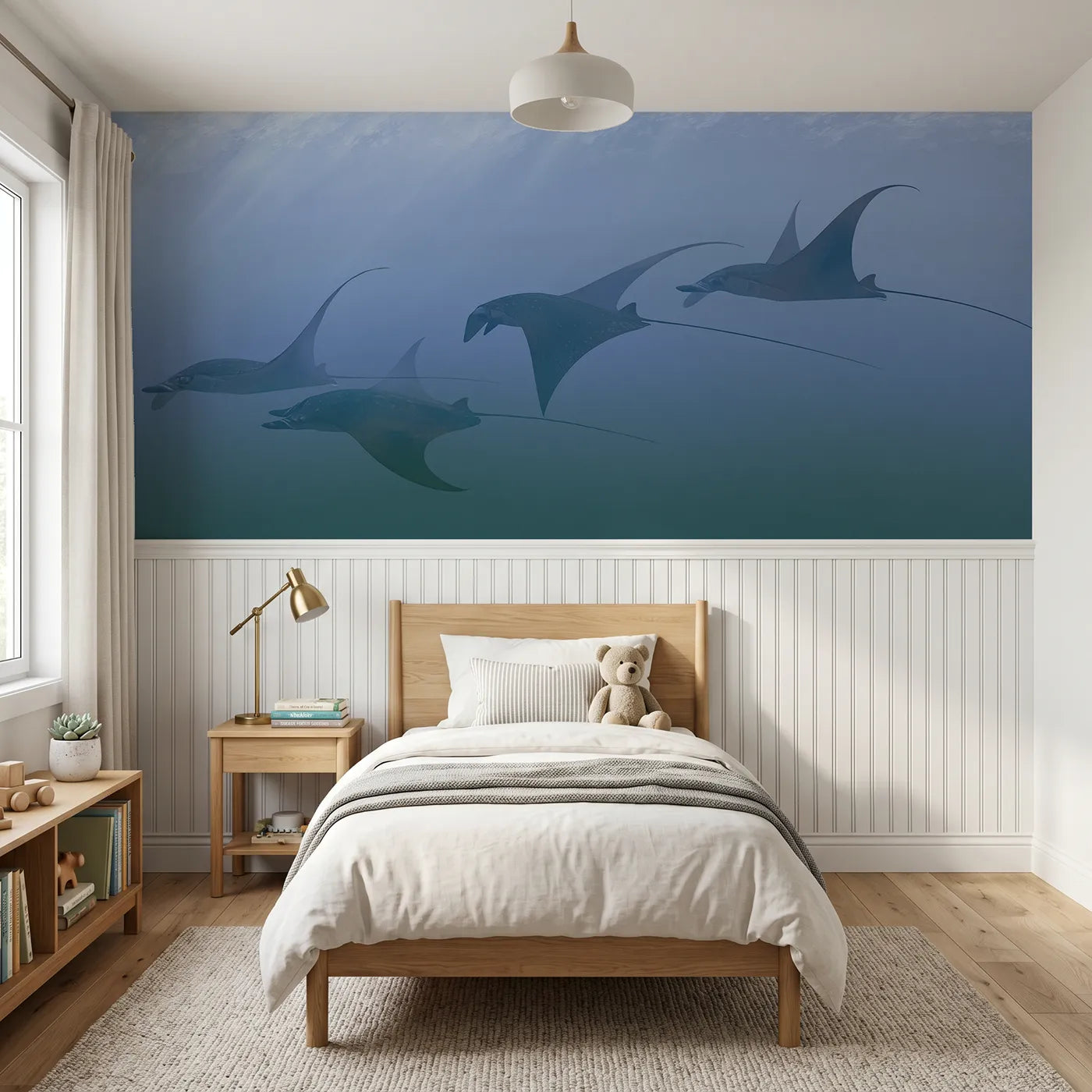 Watercolor wainscoting wallpaper of three mantas gliding morning blue by Whimsy Tots