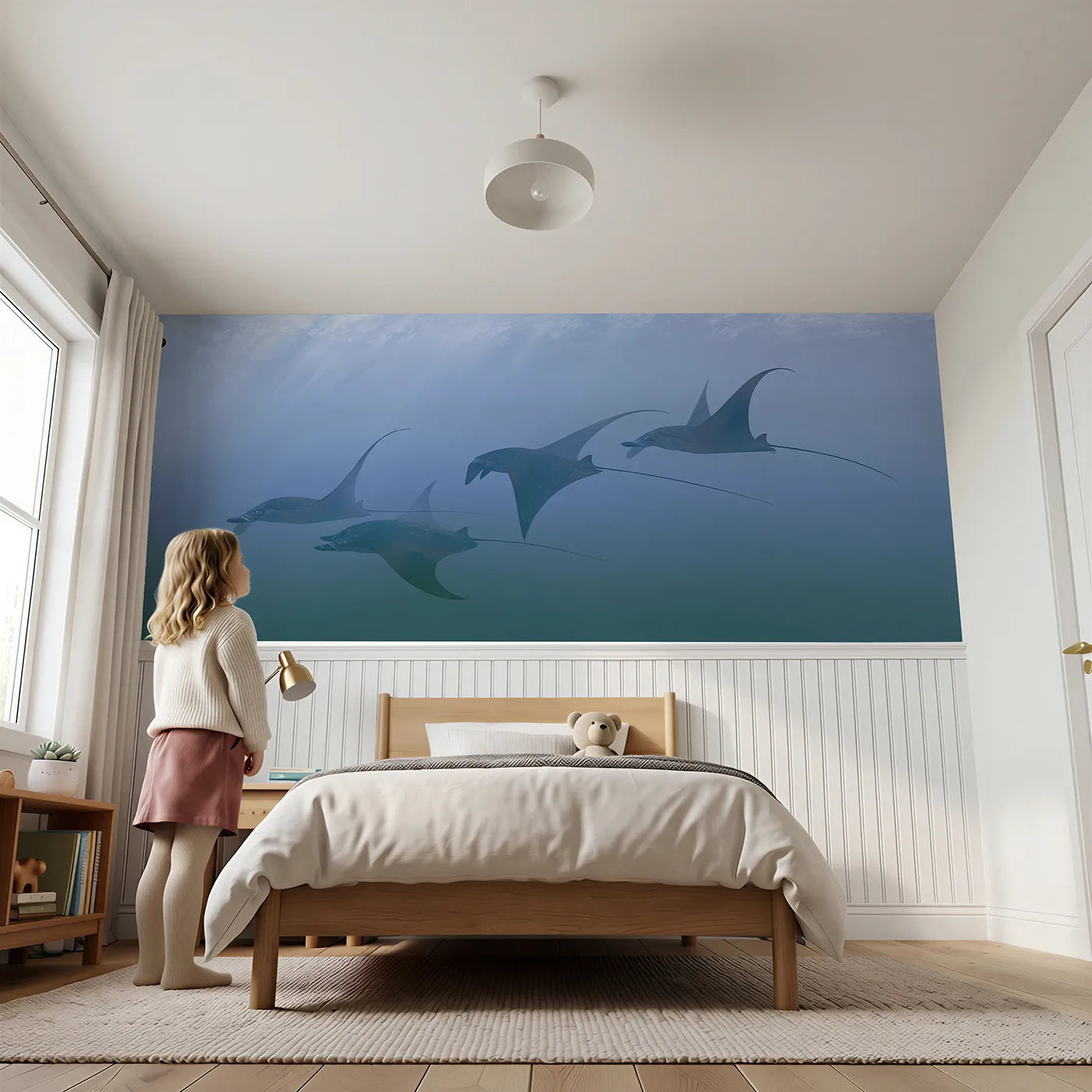 Child reading near Manta Trio Blue Morning Wainscoting Wallpaper by Whimsy Tots