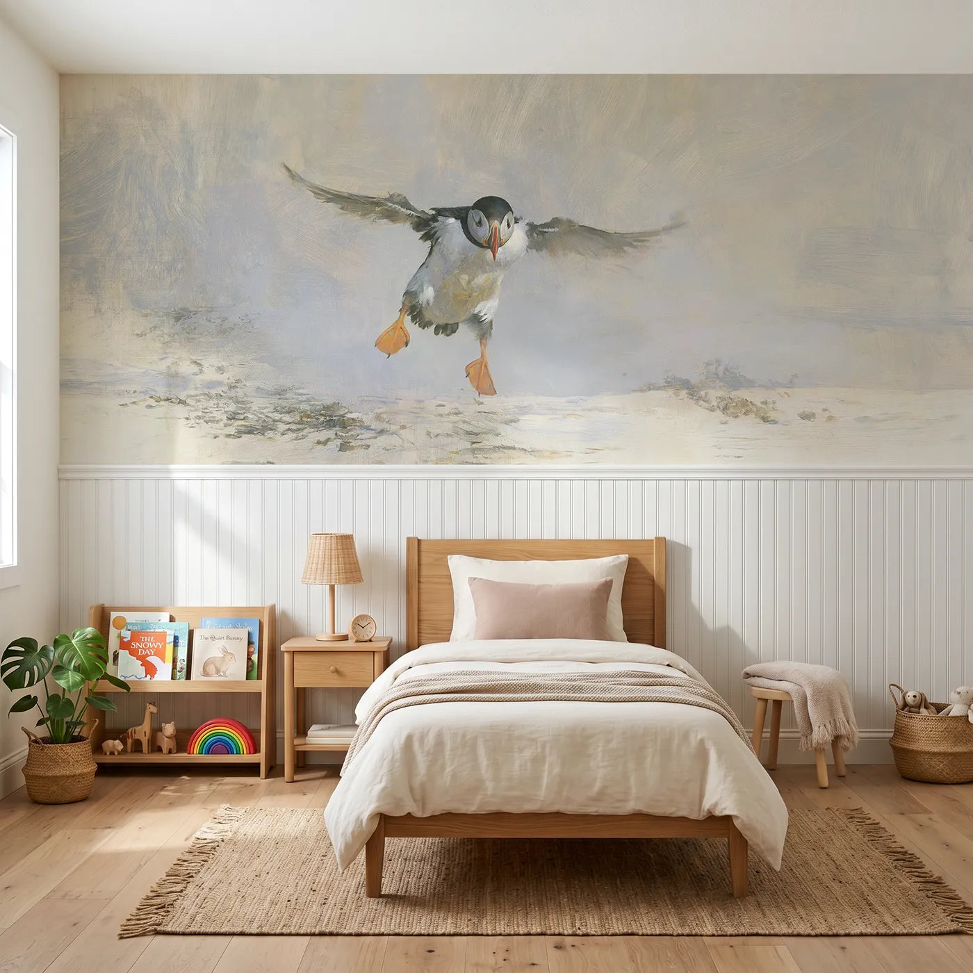 Watercolor wainscoting wallpaper of a puffin making a busy landing by Whimsy Tots