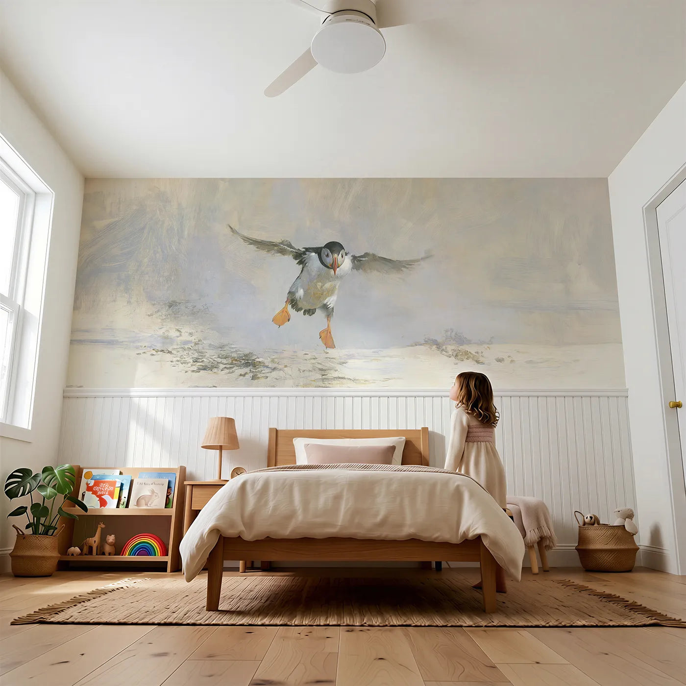Child reading near Puffin Busy Landing Wainscoting Wallpaper by Whimsy Tots