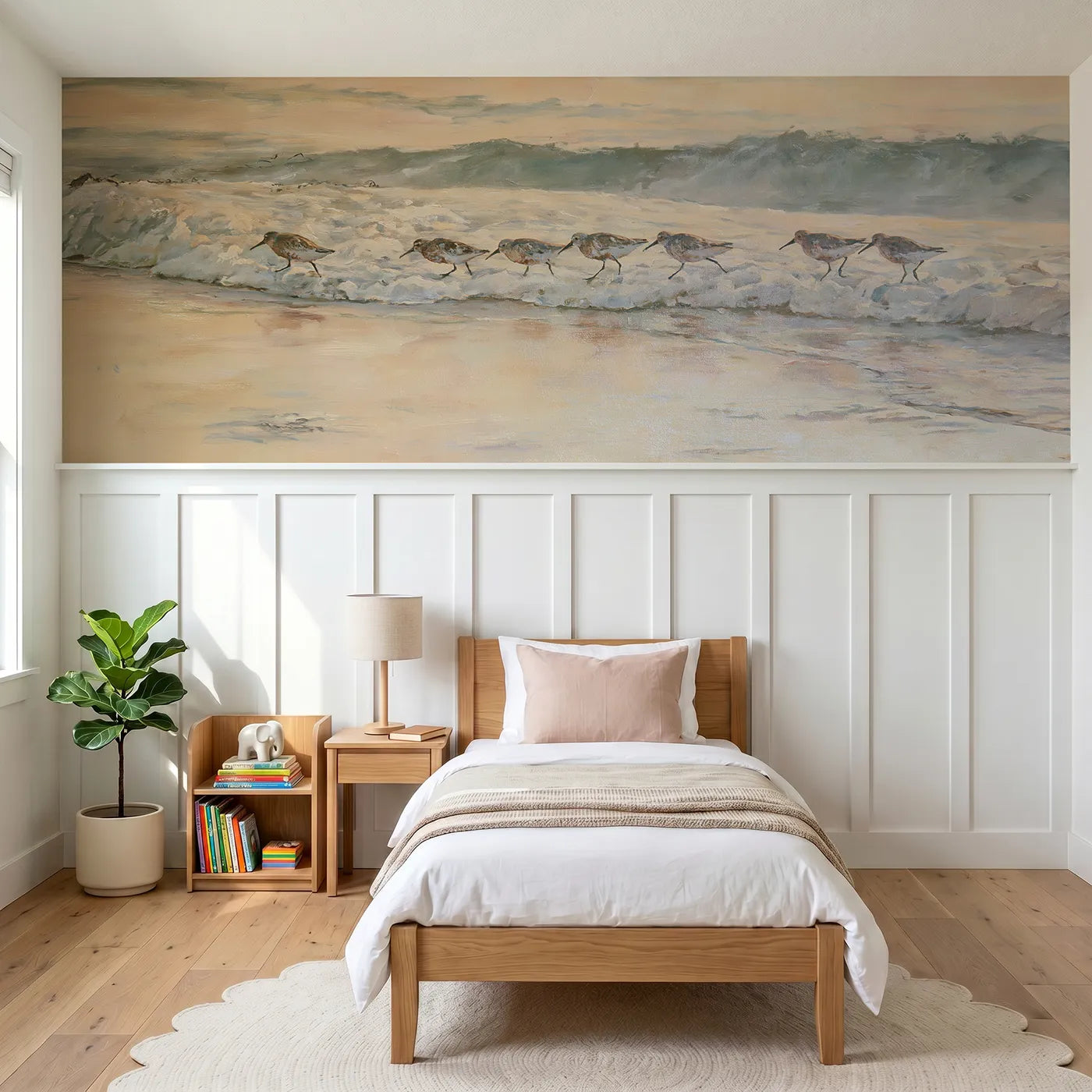 Watercolor wainscoting wallpaper of sandpipers chasing the wave edge by Whimsy Tots