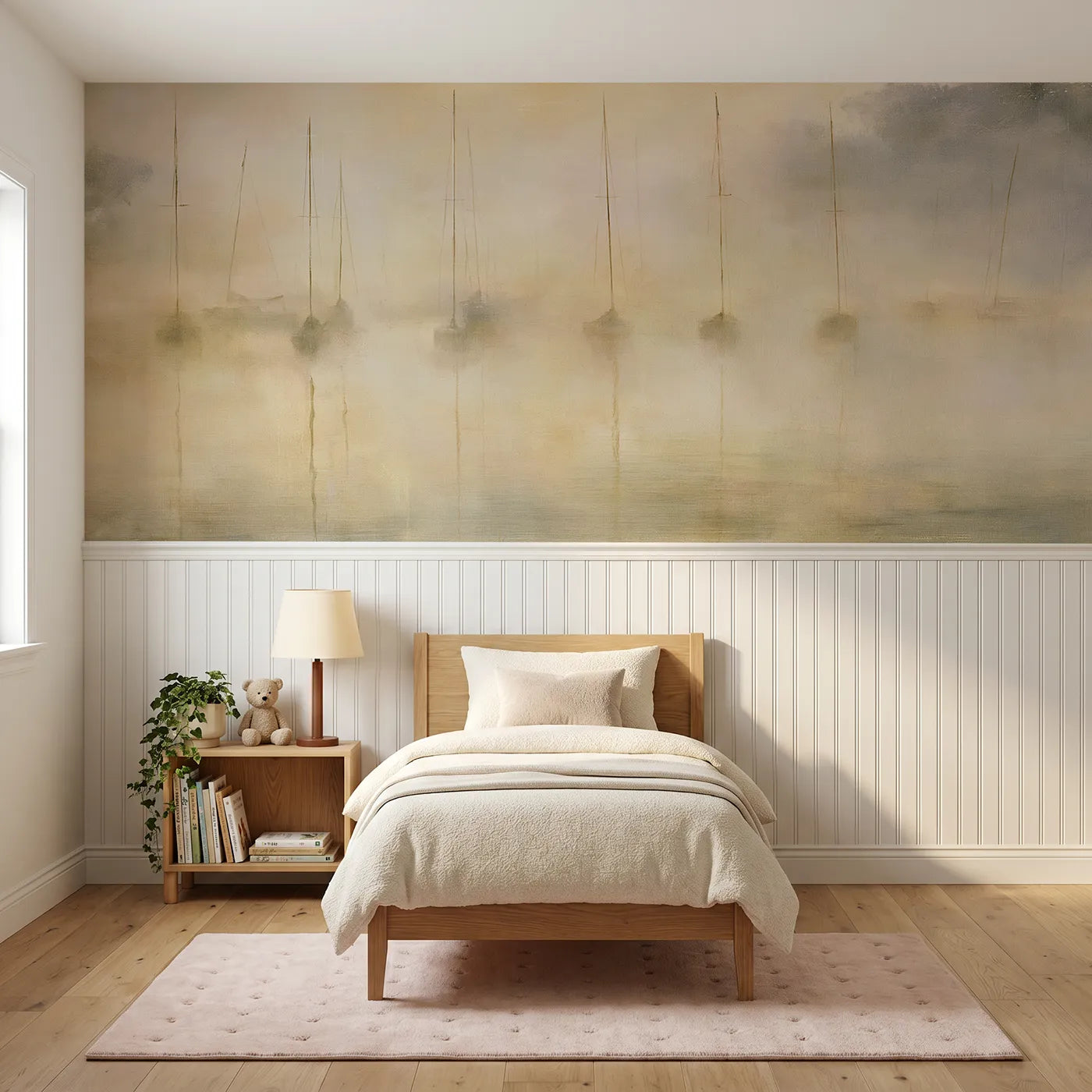 Watercolor wainscoting mural of misty harbor masts at morning by Whimsy Tots