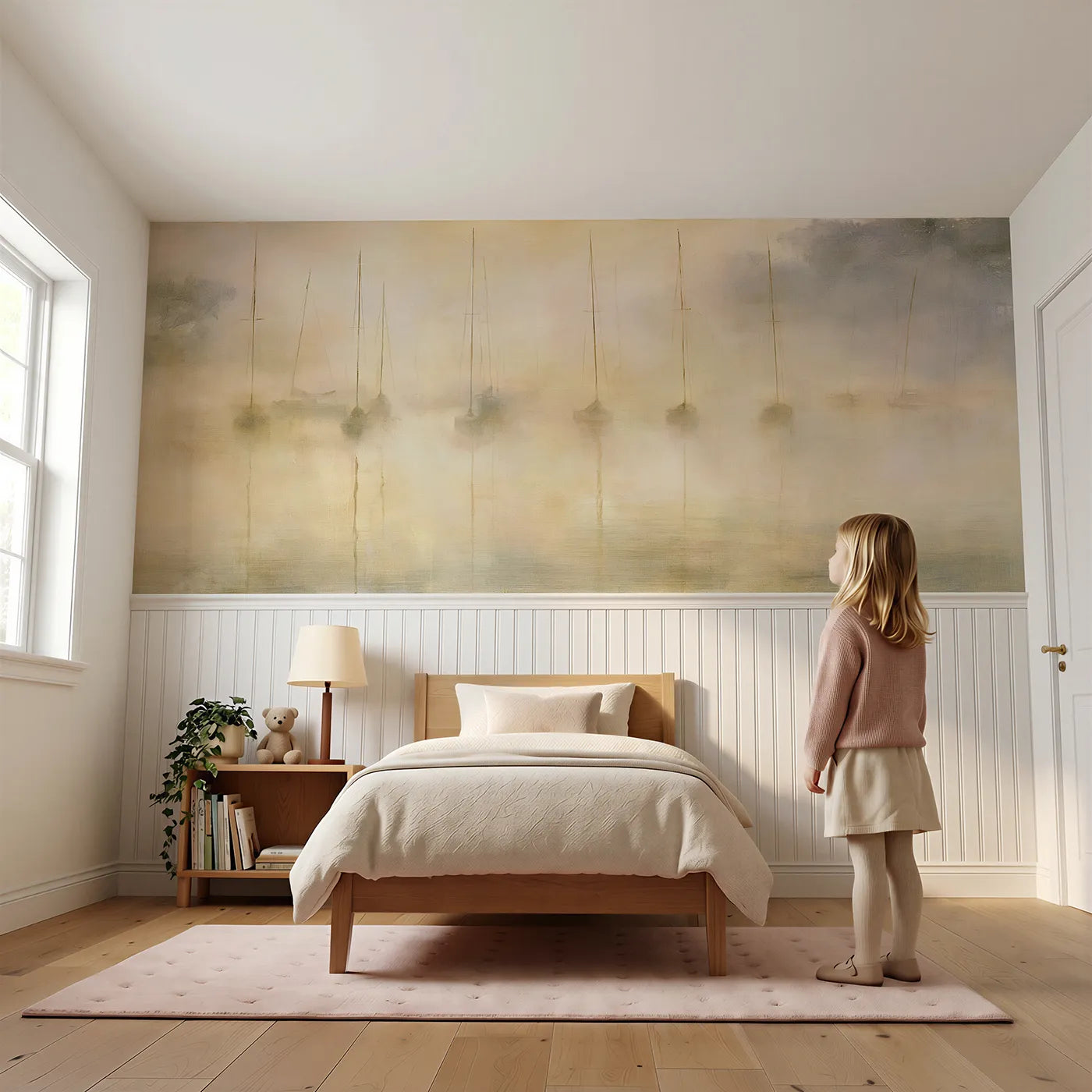 Child reading near Harbor Cove Misty Masts Wainscoting Wallpaper by Whimsy Tots
