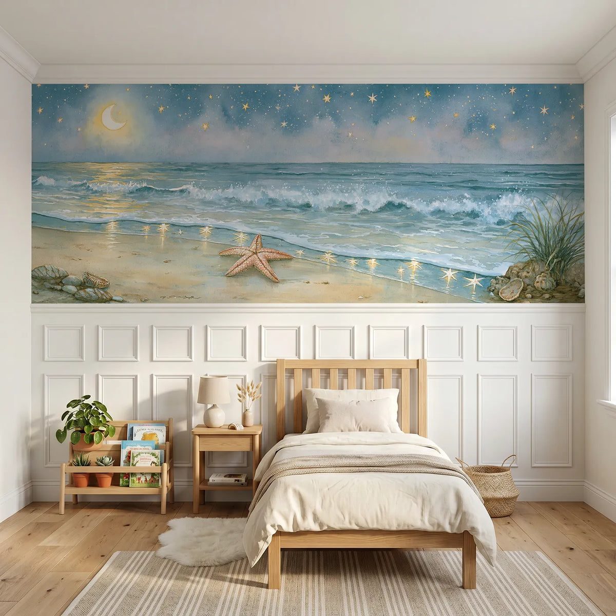 Storybook wainscoting wallpaper of a starfish under a starry night sky by Whimsy Tots