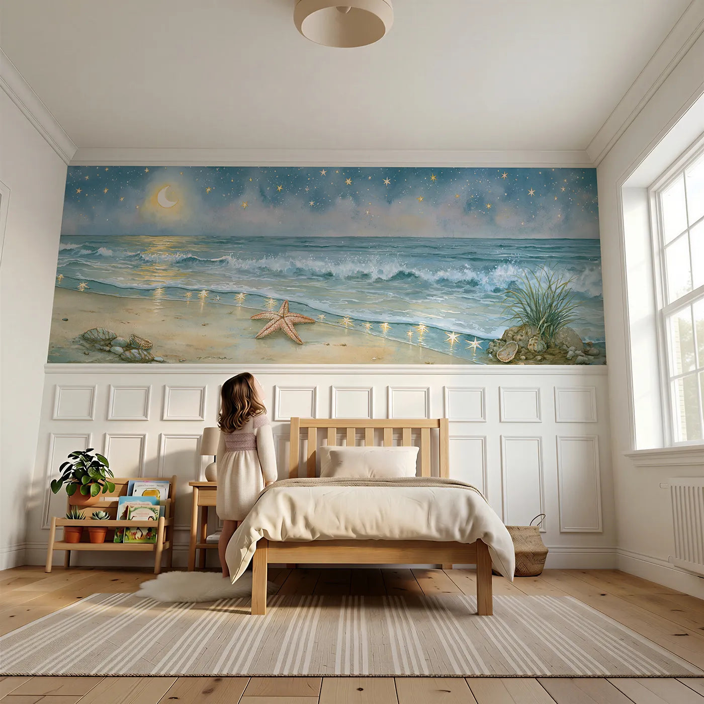 Child reading near Starfish Fallen Star Night Wainscoting Wallpaper by Whimsy Tots