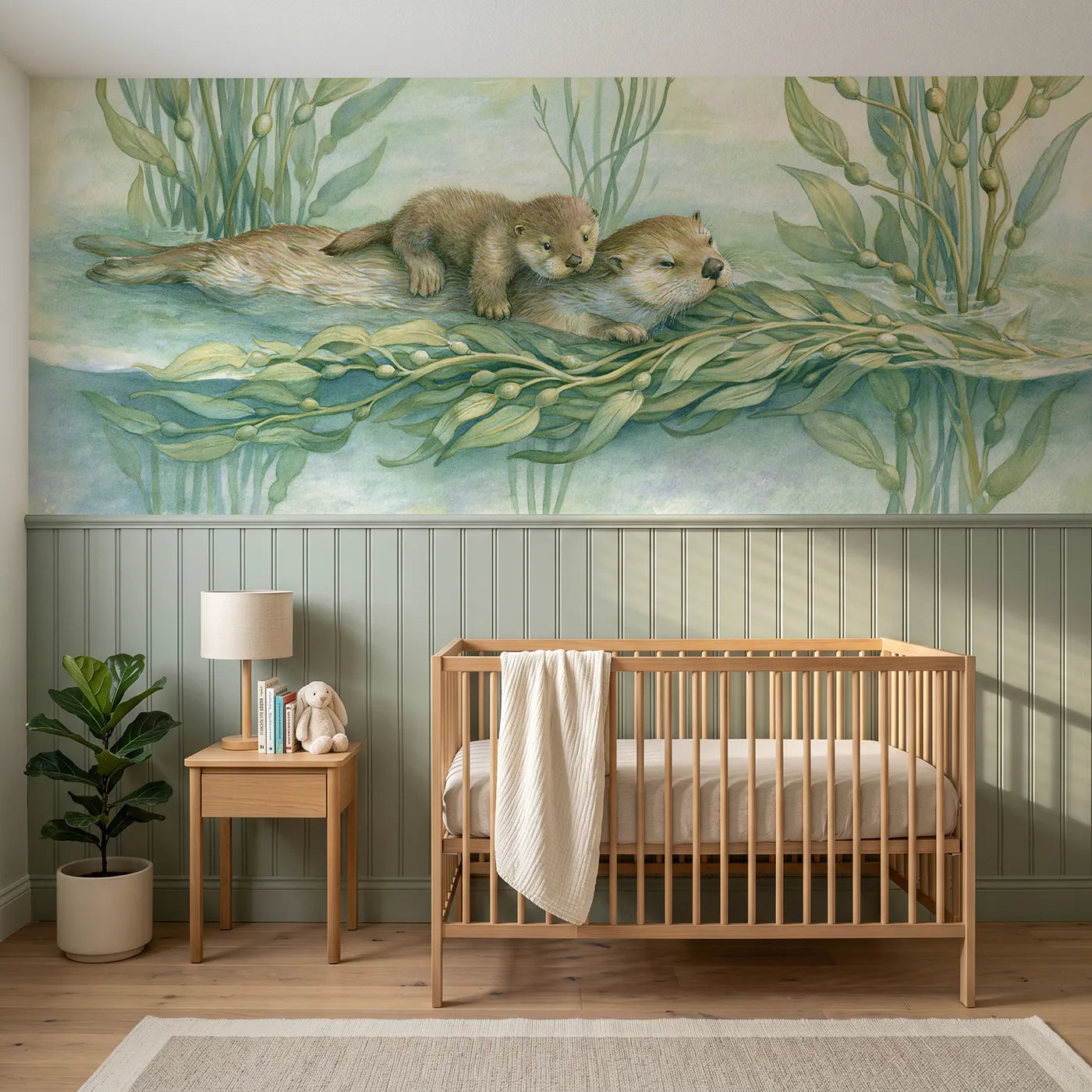 Storybook wainscoting wallpaper of an otter pup riding its mother by Whimsy Tots