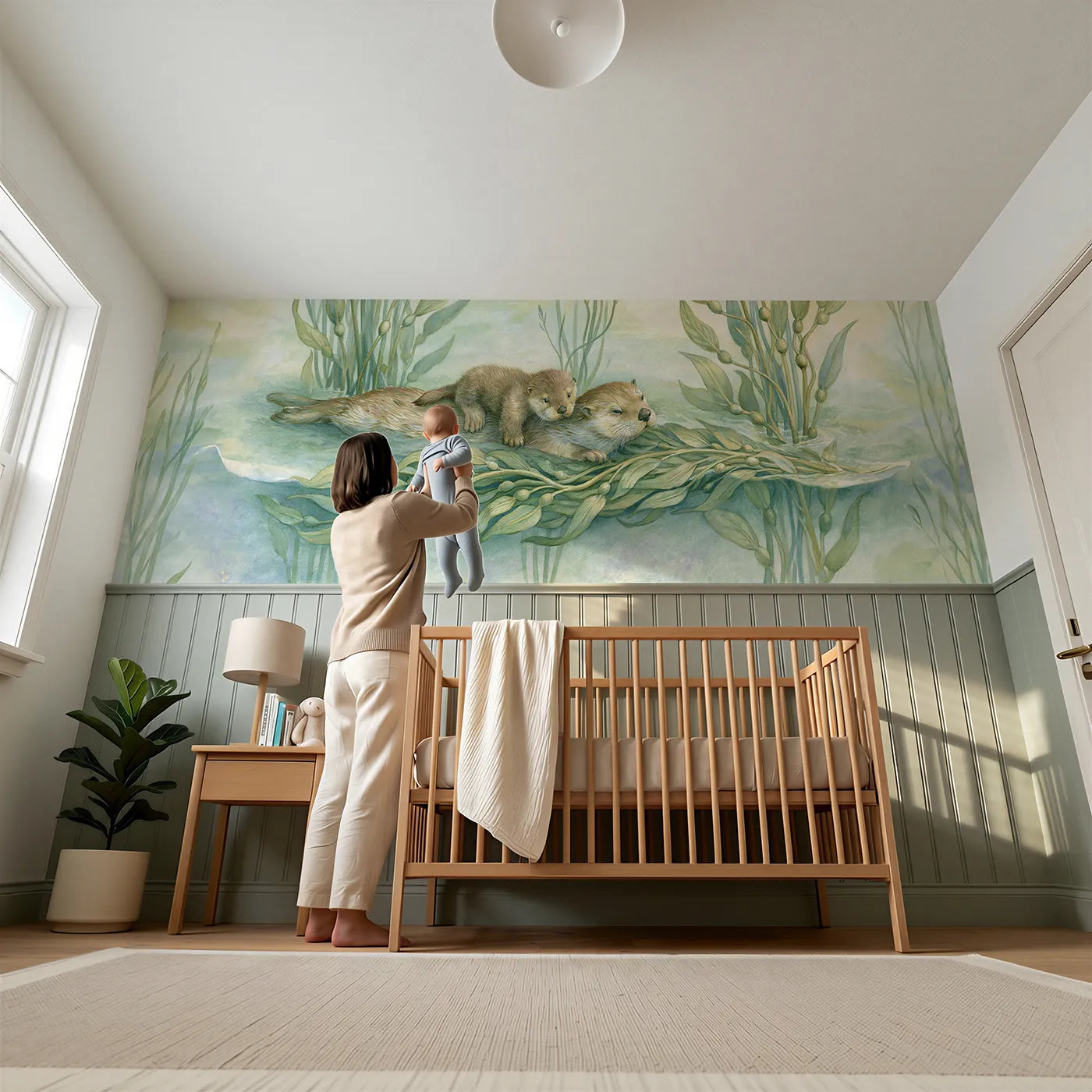 Child reading near Otter Pup Piggy Float Wainscoting Wallpaper by Whimsy Tots