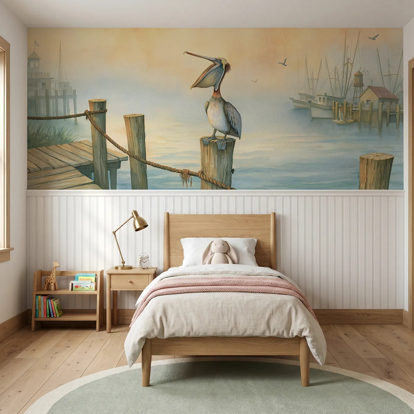 Storybook wainscoting wallpaper of a pelican yawning on a jetty post by Whimsy Tots