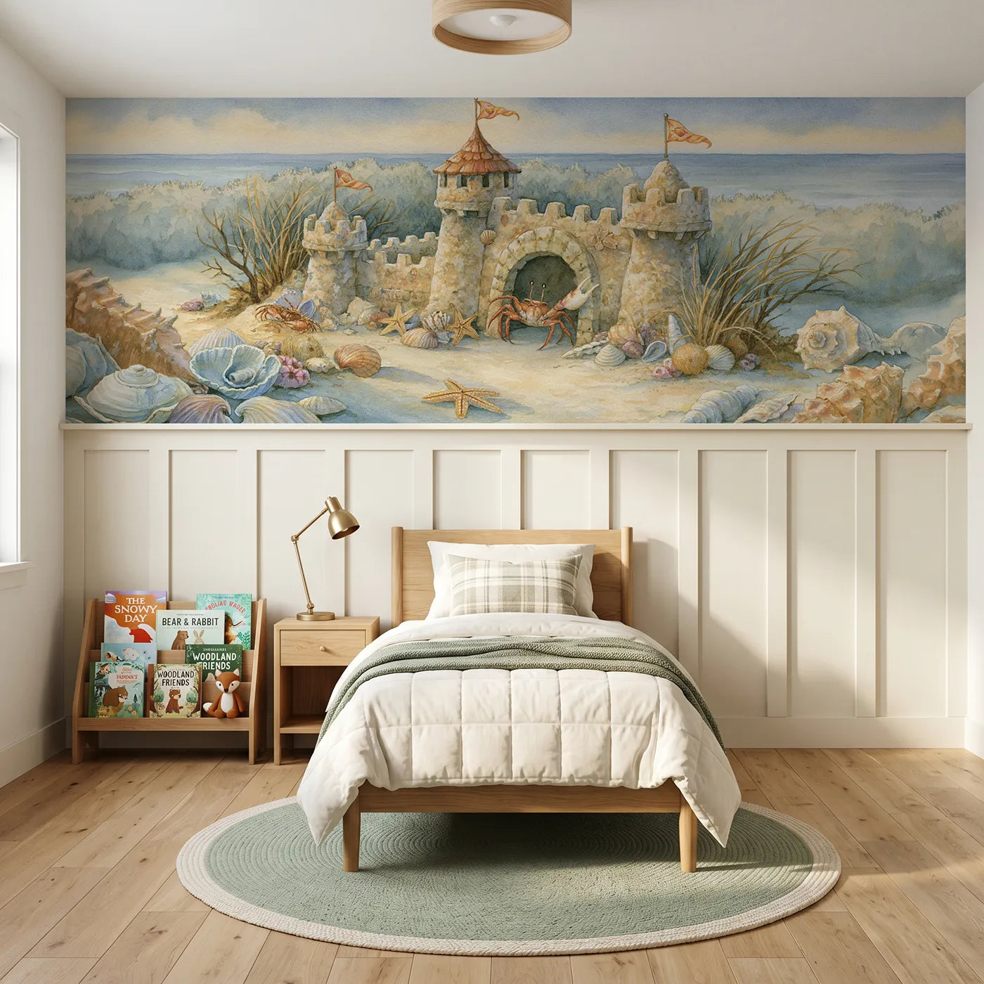 Storybook wainscoting wallpaper of a crab keeping a sandcastle doorway by Whimsy Tots