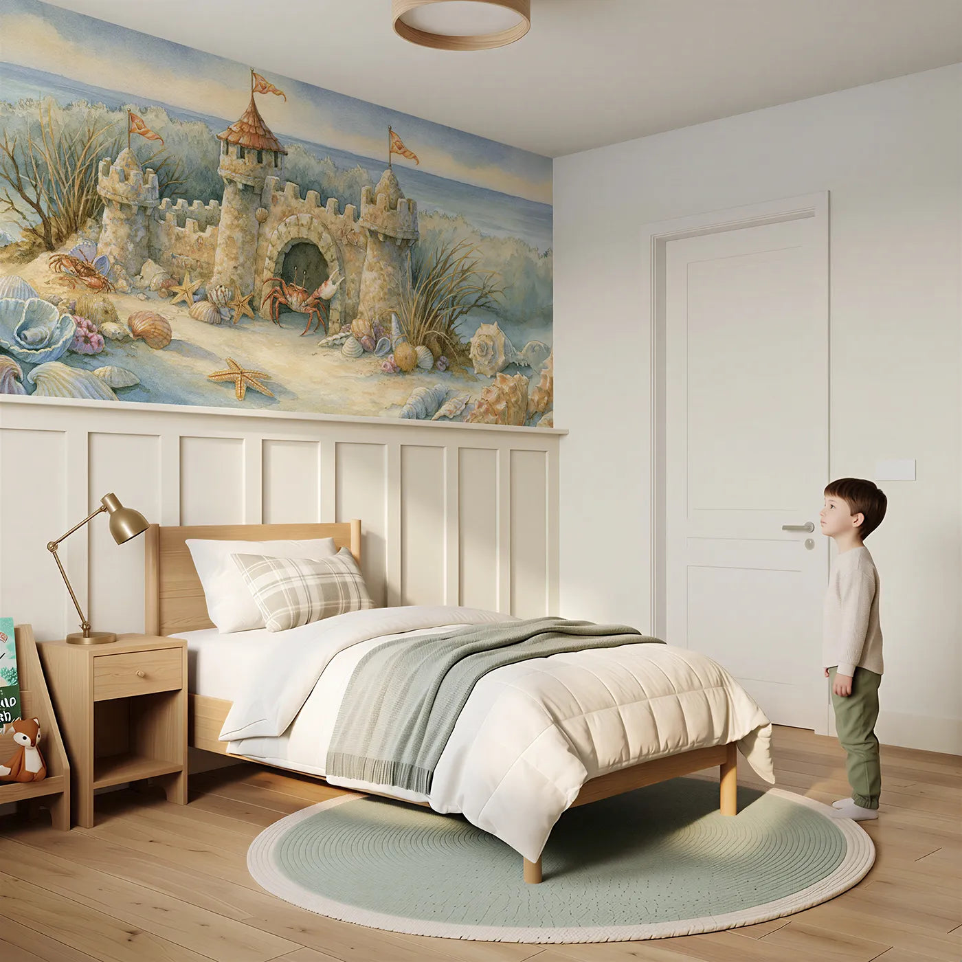Child reading near Crab Castle Keeper Wainscoting Wallpaper by Whimsy Tots
