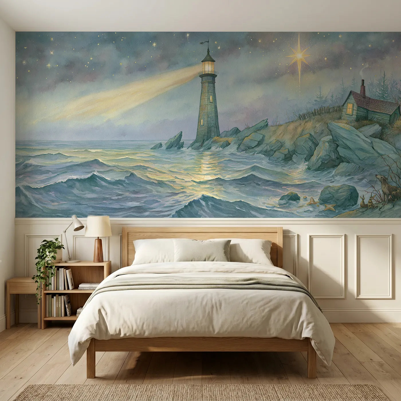 Storybook wainscoting wallpaper of a lighthouse beam under the first star by Whimsy Tots