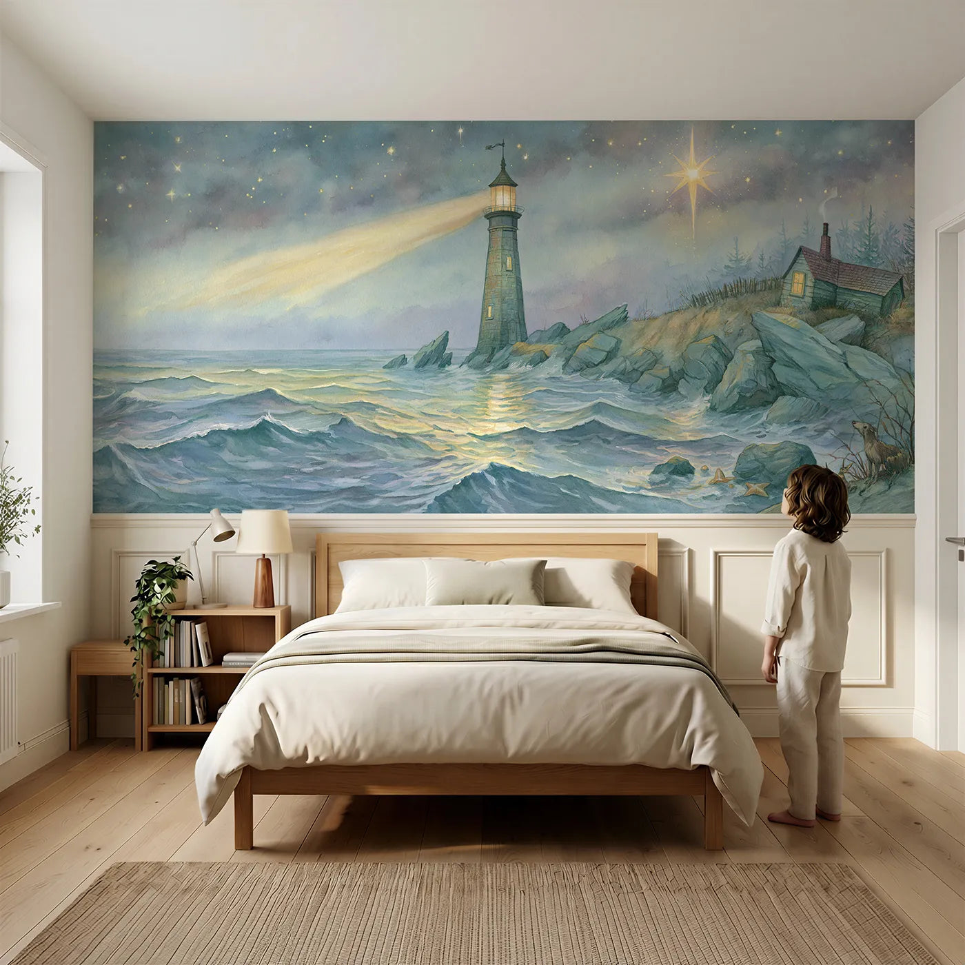Child reading near Lighthouse First Star Evening Wainscoting Wallpaper by Whimsy Tots