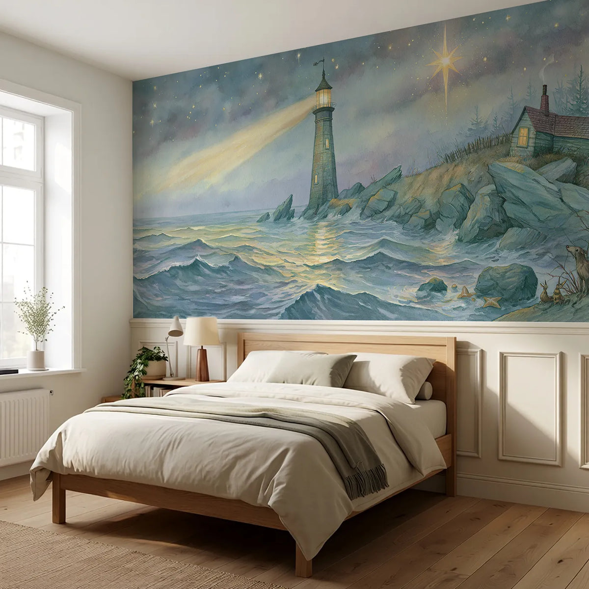 Lighthouse First Star Evening Wainscoting Wallpaper styled in a kids room by Whimsy Tots