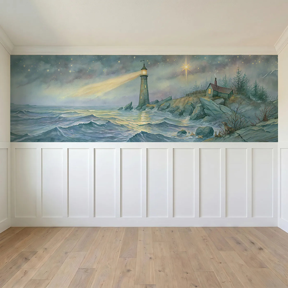 Full panel view of Lighthouse First Star Evening Wainscoting Wallpaper by Whimsy Tots