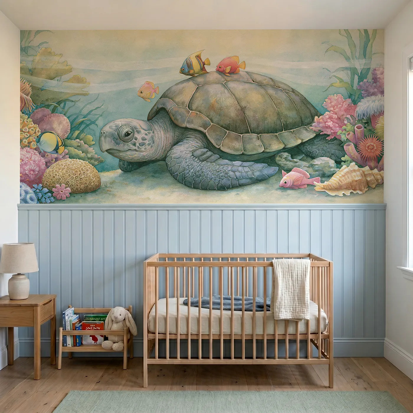 Storybook wainscoting wallpaper of fish riding above a turtle shell by Whimsy Tots