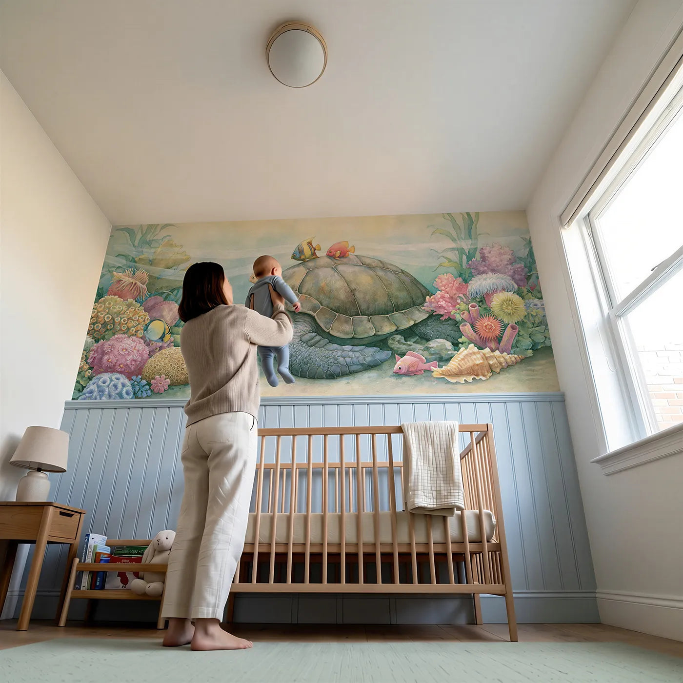 Child reading near Turtle Shell Taxi Fish Wainscoting Wallpaper by Whimsy Tots