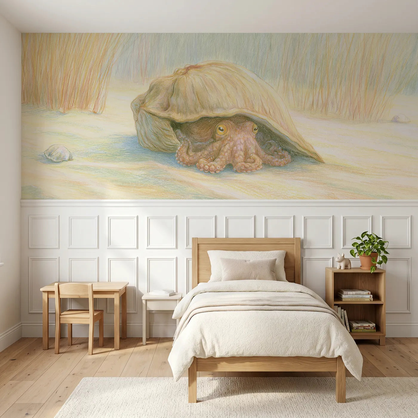 Colored pencil wainscoting wallpaper of an octopus under a shell hat by Whimsy Tots