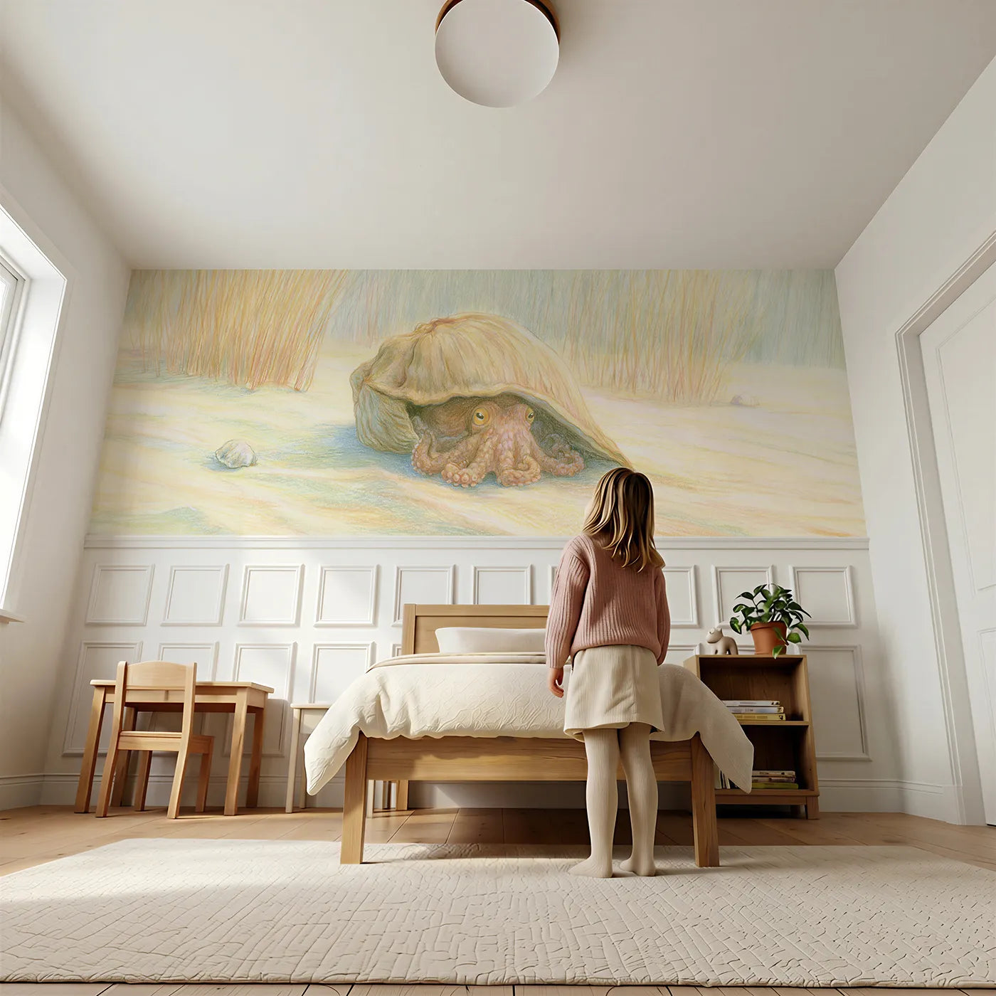 Child reading near Octopus Shell Hat Hide Wainscoting Wallpaper by Whimsy Tots