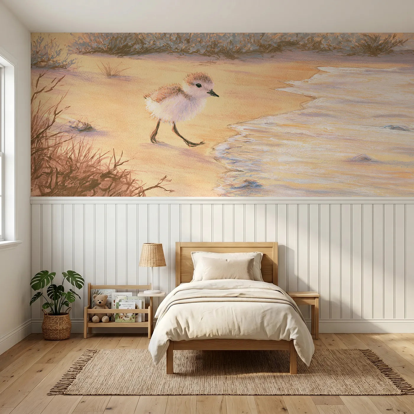 Colored pencil wainscoting wallpaper of a sandpiper chick sprinting by Whimsy Tots