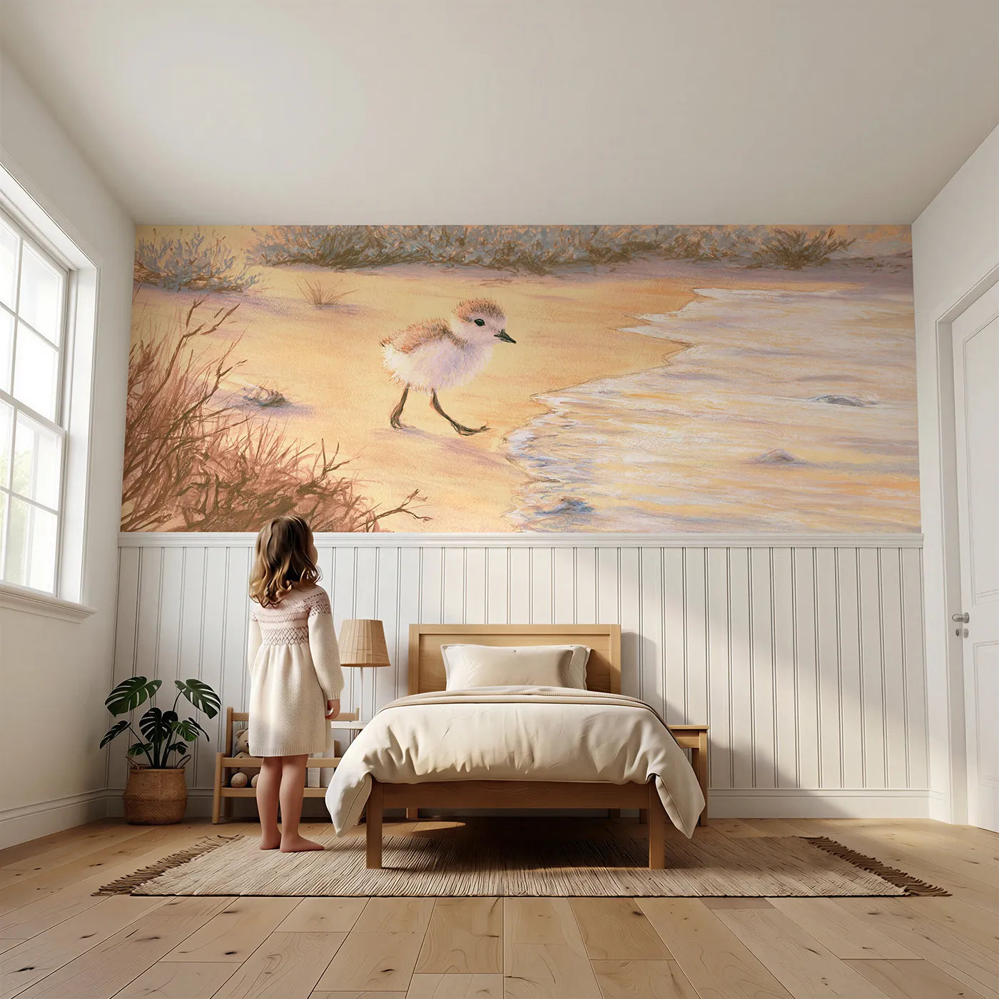 Child reading near Sandpiper Chick Run Wainscoting Wallpaper by Whimsy Tots