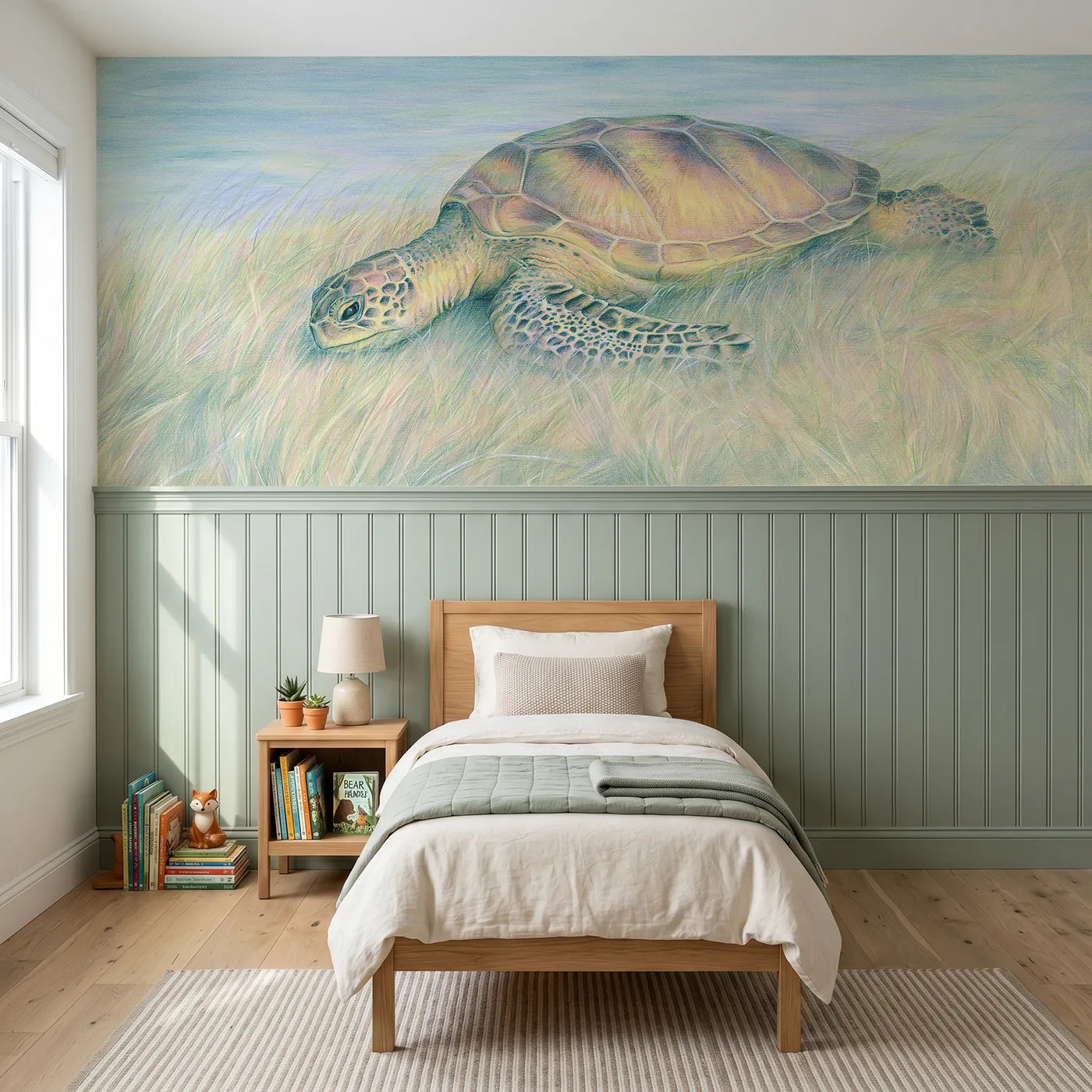 Colored pencil wainscoting wallpaper of a turtle grazing seagrass by Whimsy Tots