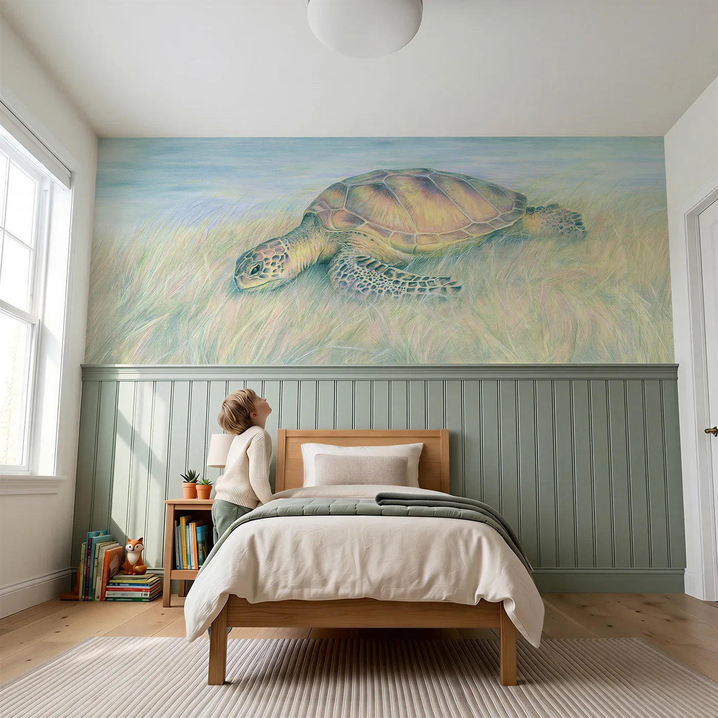 Child reading near Seagrass Meadow Turtle Graze Wainscoting Wallpaper by Whimsy Tots