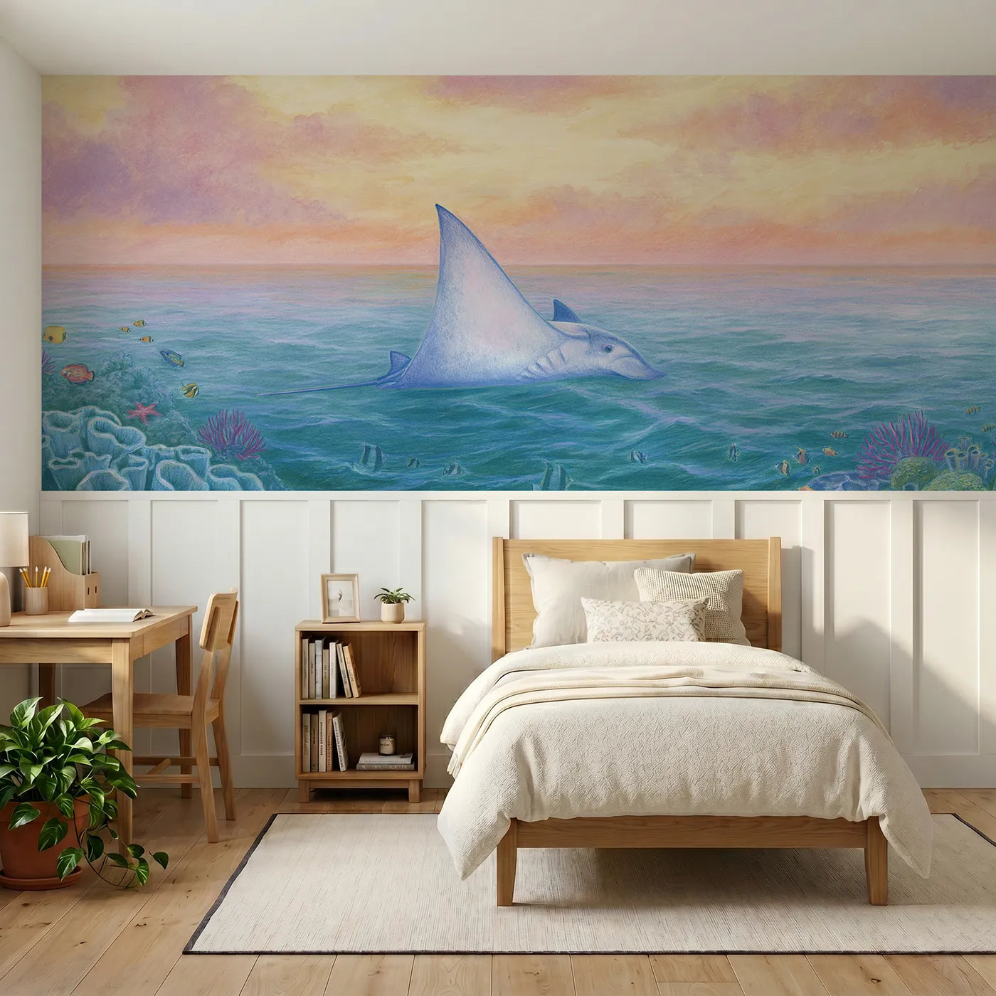 Colored pencil wainscoting wallpaper of a manta ray in a slow flip by Whimsy Tots