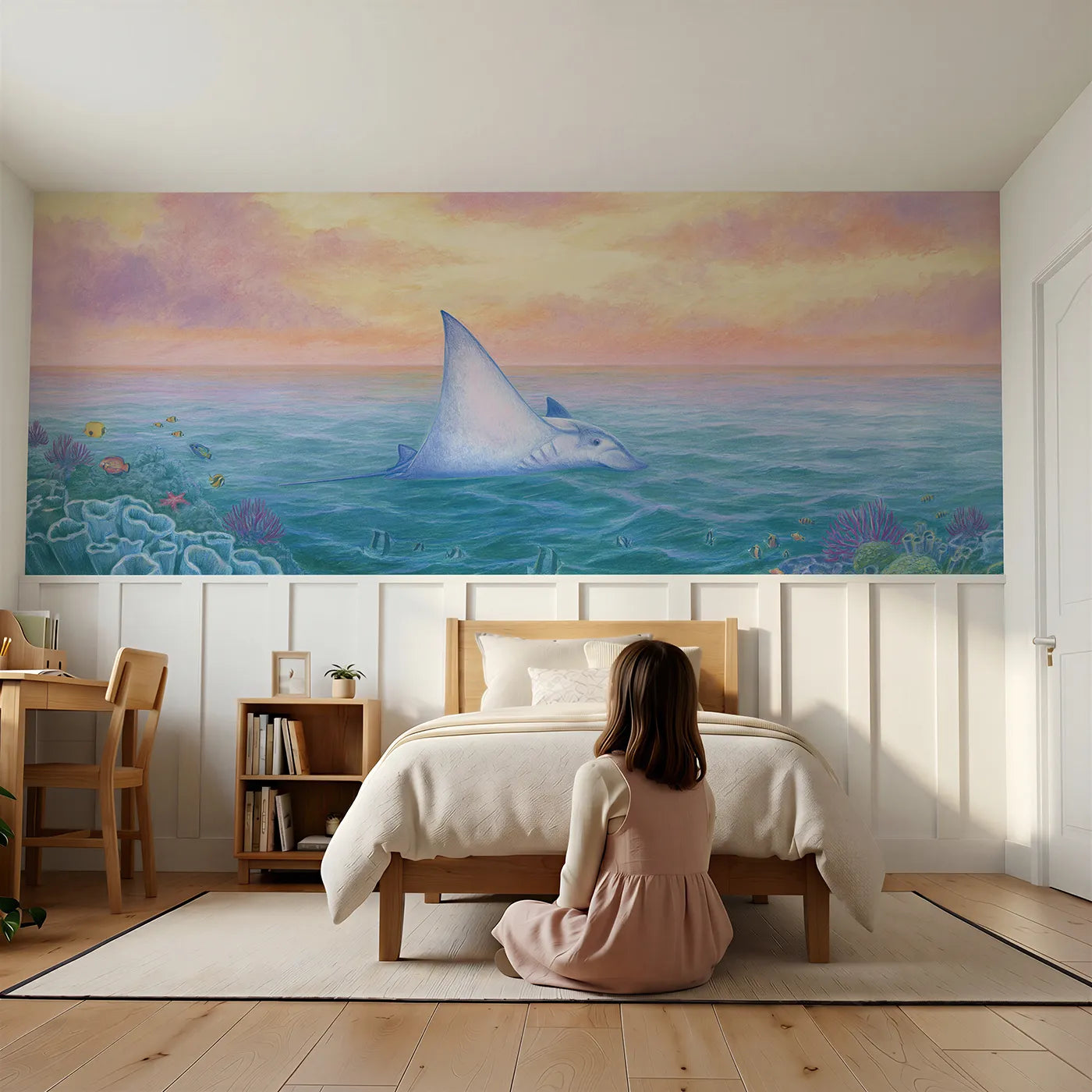 Child reading near Manta Belly Flip Glide Wainscoting Wallpaper by Whimsy Tots