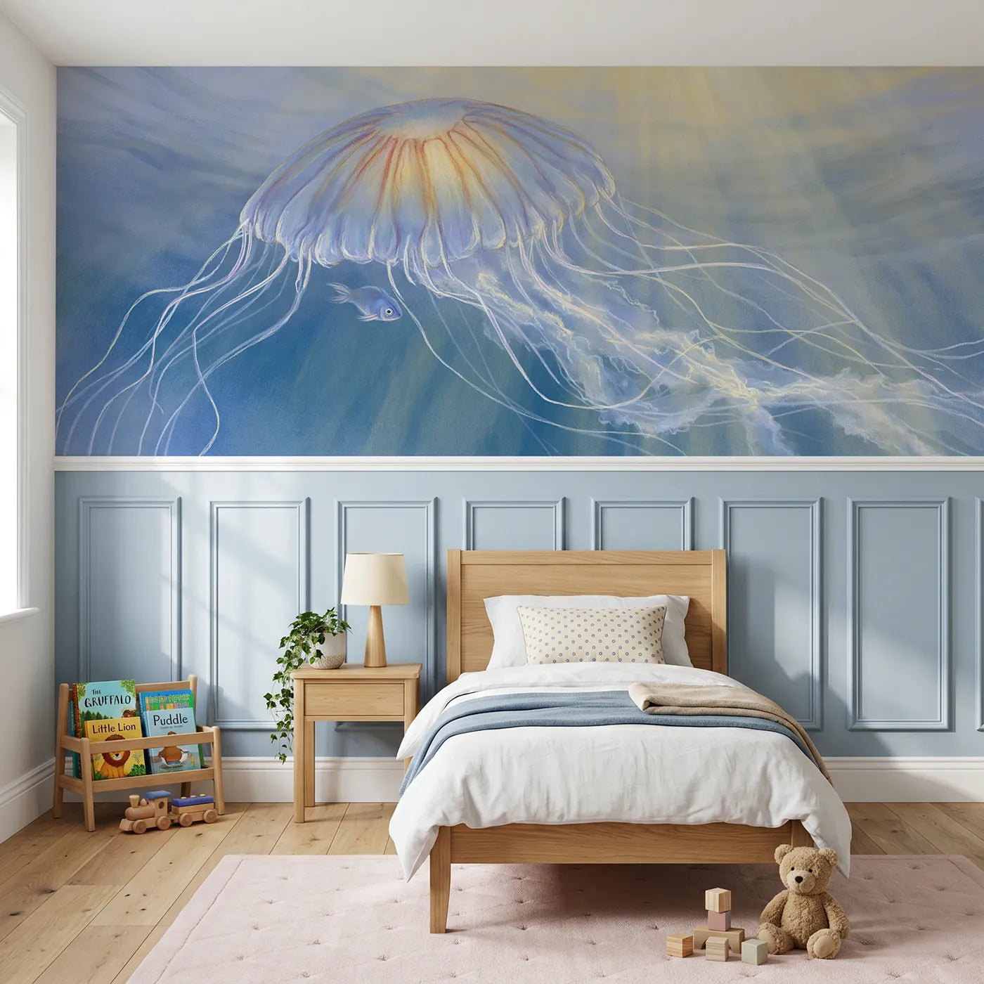 Colored pencil wainscoting wallpaper of a fish sheltering in a jellyfish by Whimsy Tots