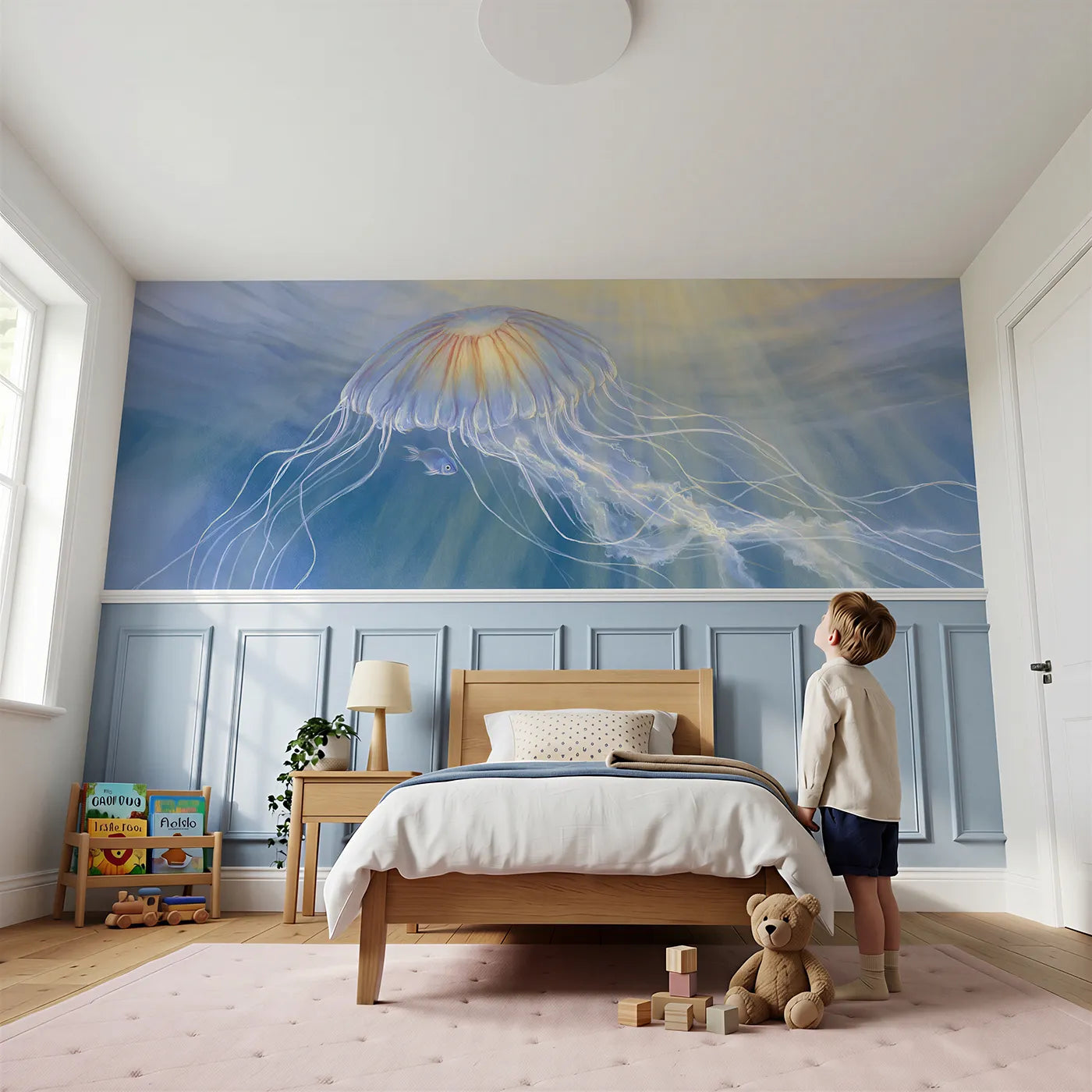 Child reading near Jellyfish Tiny Fish Shelter Wainscoting Wallpaper by Whimsy Tots
