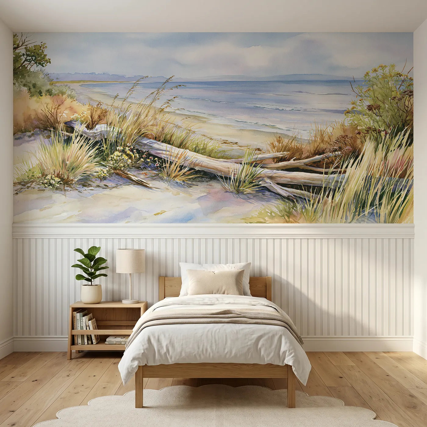 Watercolor wainscoting wallpaper of a driftwood and beach grass garden by Whimsy Tots