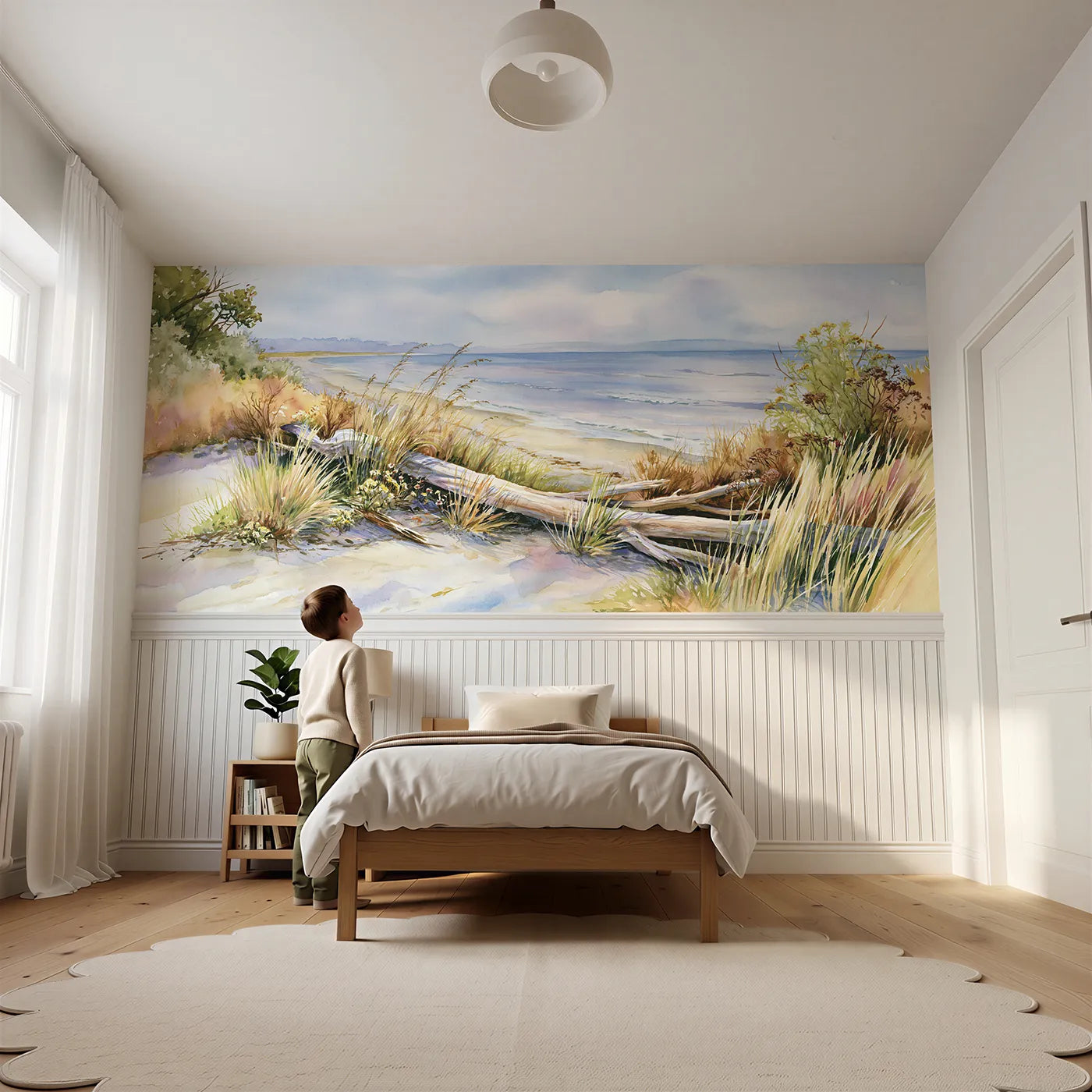 Child reading near Driftwood Beach Garden Wainscoting Wallpaper by Whimsy Tots