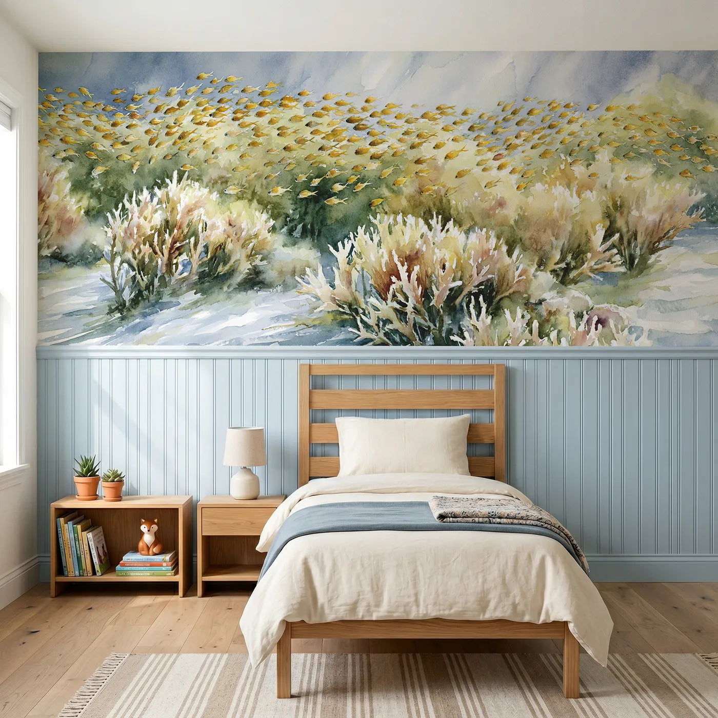 Watercolor wainscoting wallpaper of tiny fish over a coral nursery by Whimsy Tots
