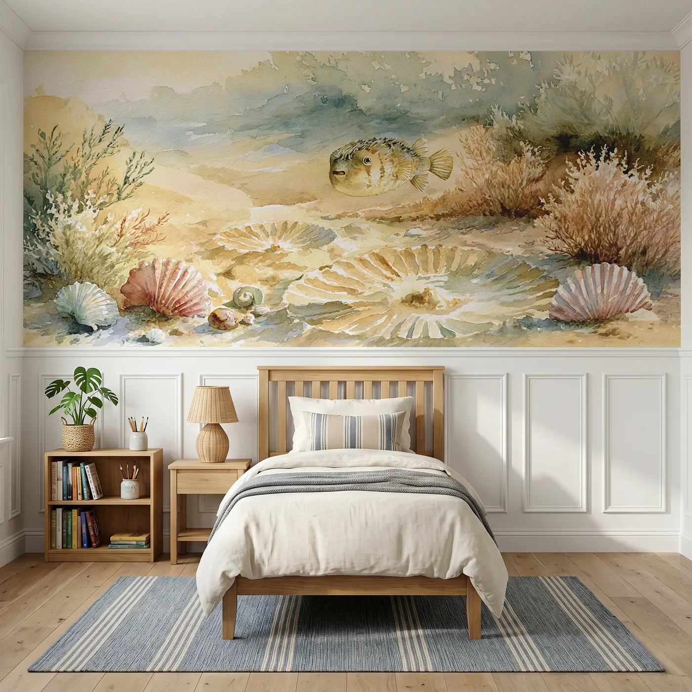 Watercolor wainscoting wallpaper of a pufferfish over sand circles by Whimsy Tots