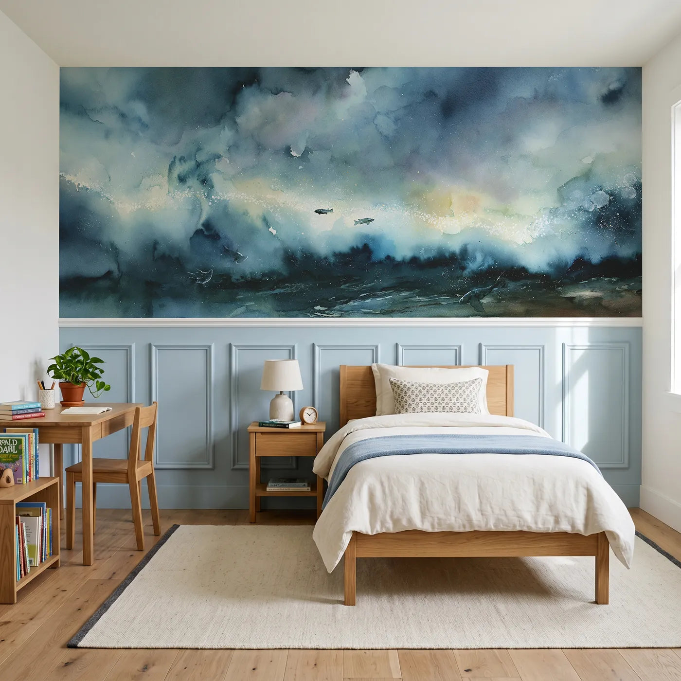 Watercolor wainscoting wallpaper of glowing plankton and small fish by Whimsy Tots