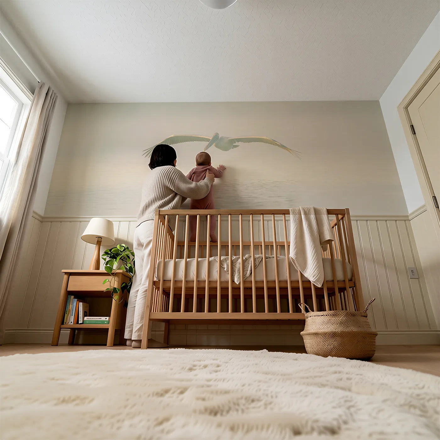 Child reading near Pelican Soft Glide Dawn Wainscoting Wallpaper by Whimsy Tots