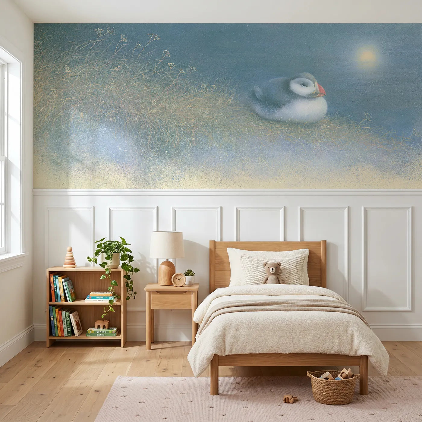 Soft pastel wainscoting wallpaper of a puffin on a moonlit ledge by Whimsy Tots