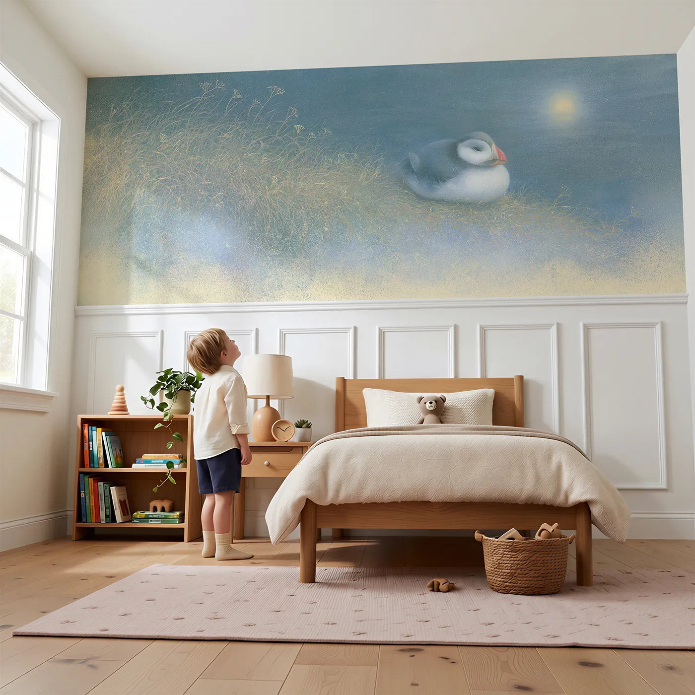 Child reading near Puffin Moonlit Ledge Wainscoting Wallpaper by Whimsy Tots